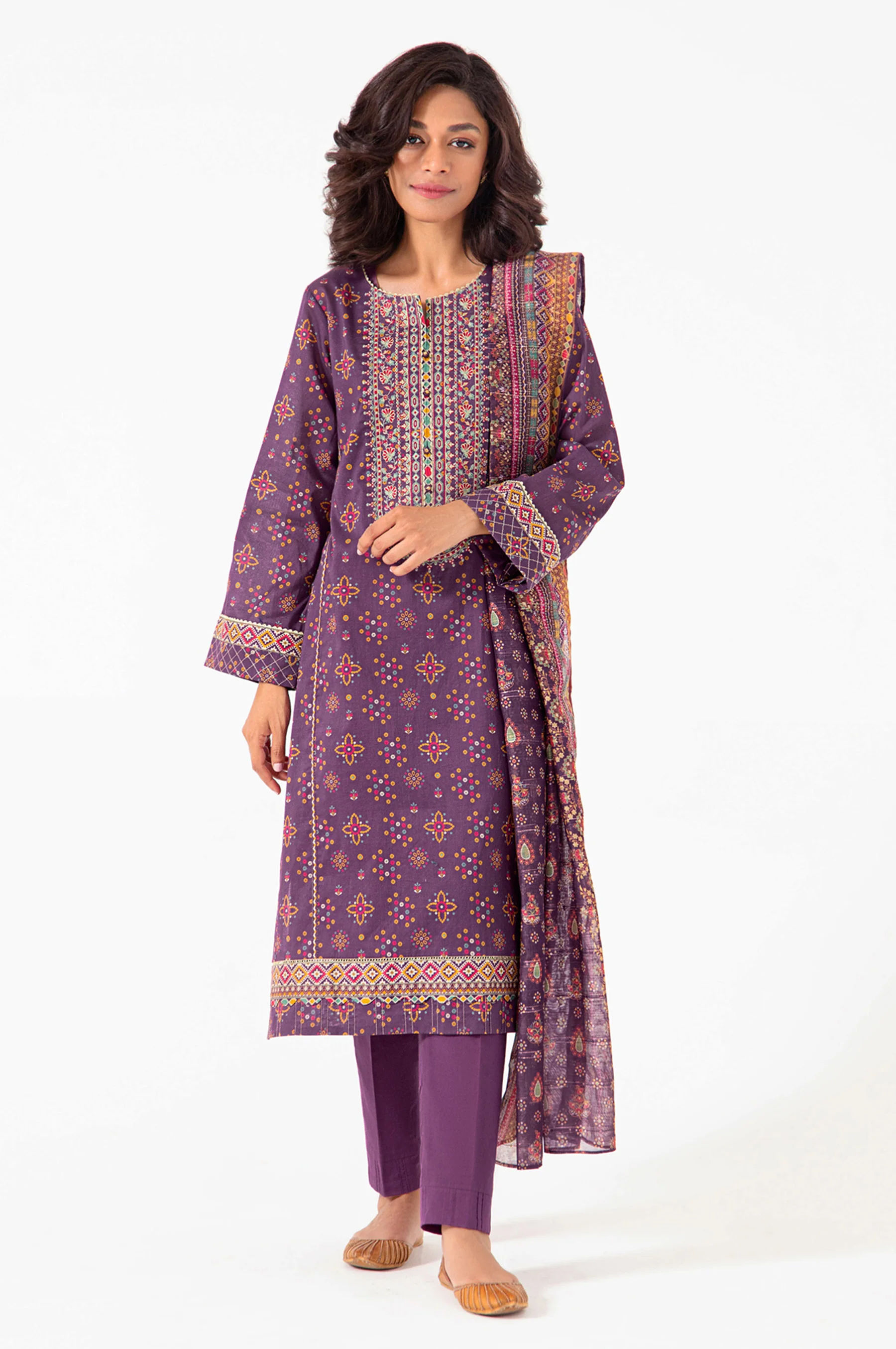 Stitched 3 Piece Embroidered Lawn with Sequins Zari Stripes Suit - Image 6