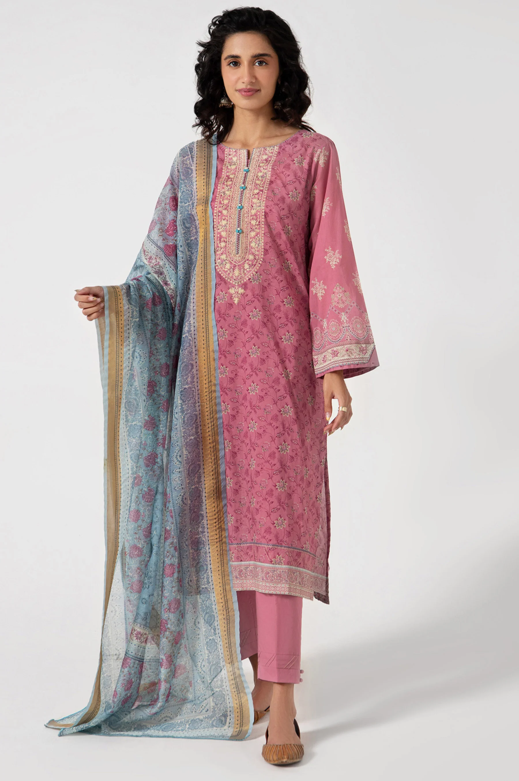 Stitched 3 Piece Embroidered Lawn with Zari Stripes Suit - Image 6