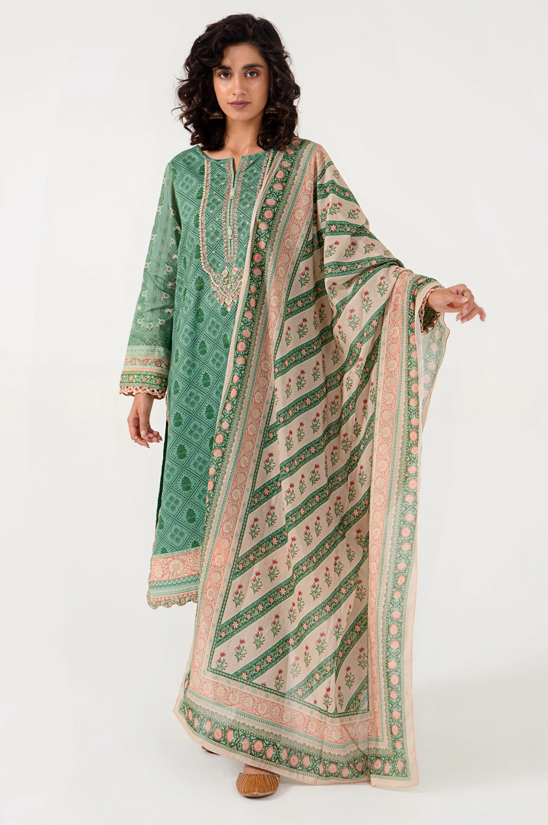 Stitched 3 Piece Embroidered Lawn with Cotton Net Suit - Image 5