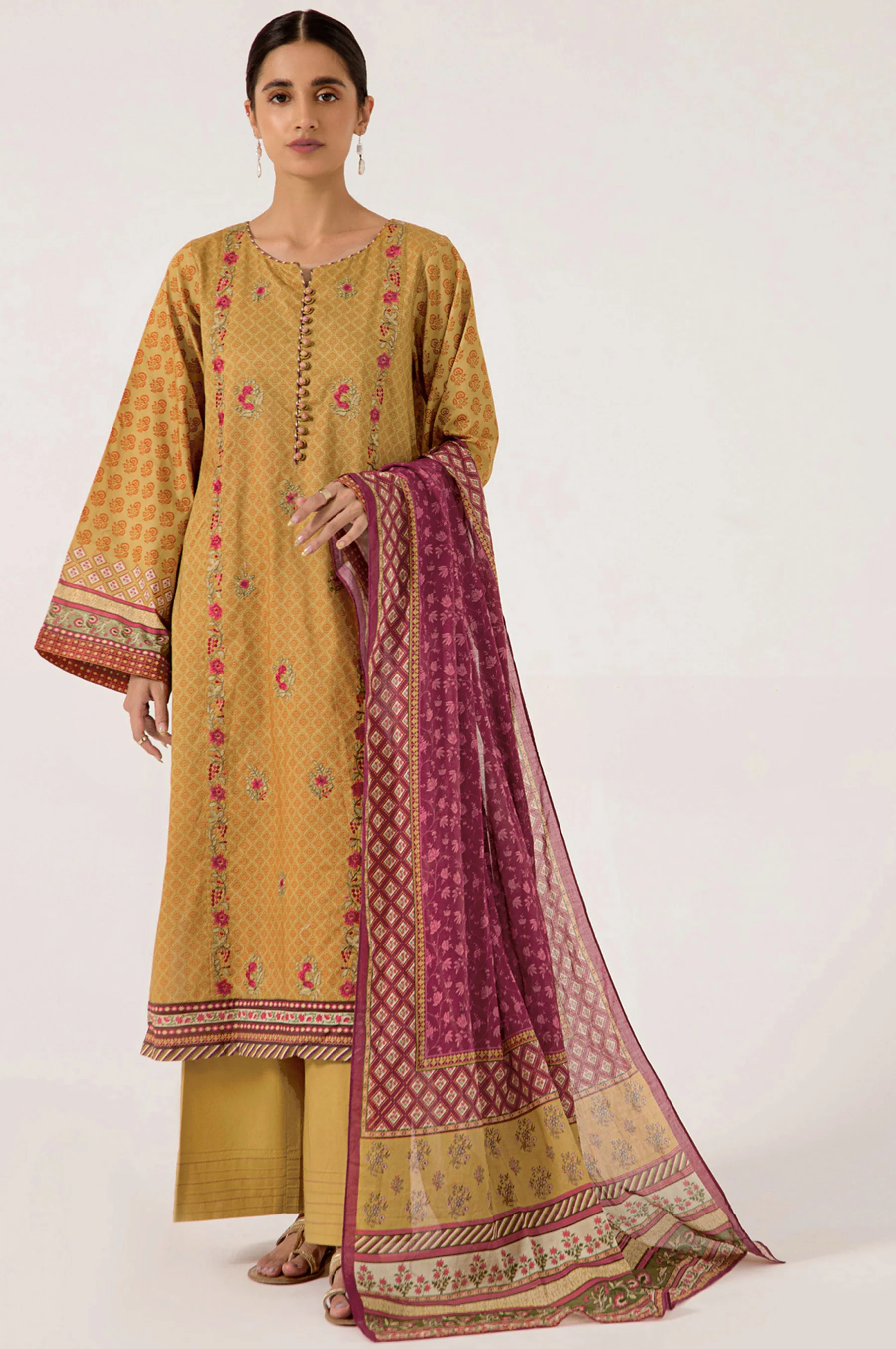 Stitched 3 Piece Embroidered Lawn with Cotton Net Suit - Image 4
