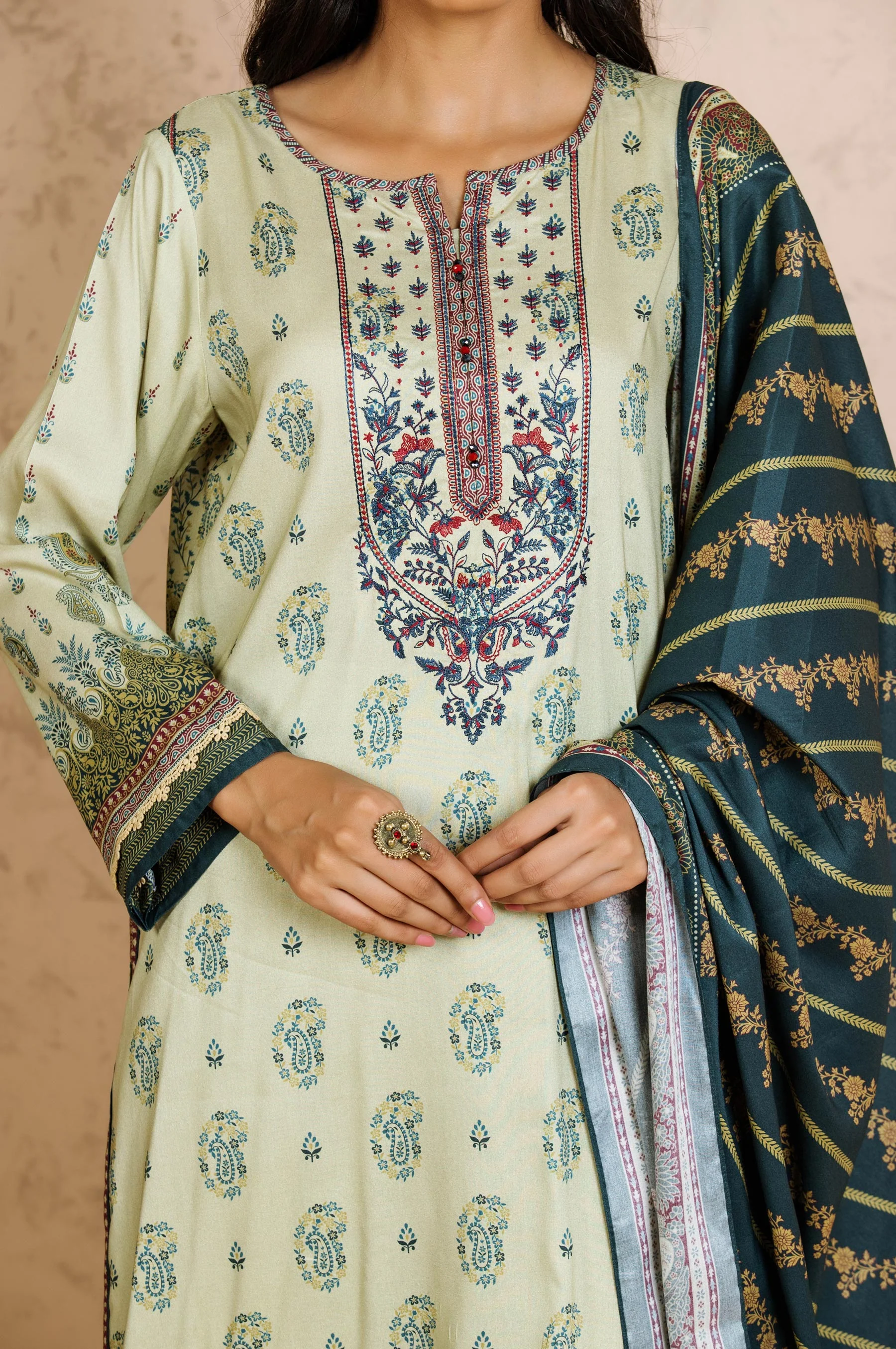 Stitched 3 Piece Embroidered Linen Viscose Suit - Image 4