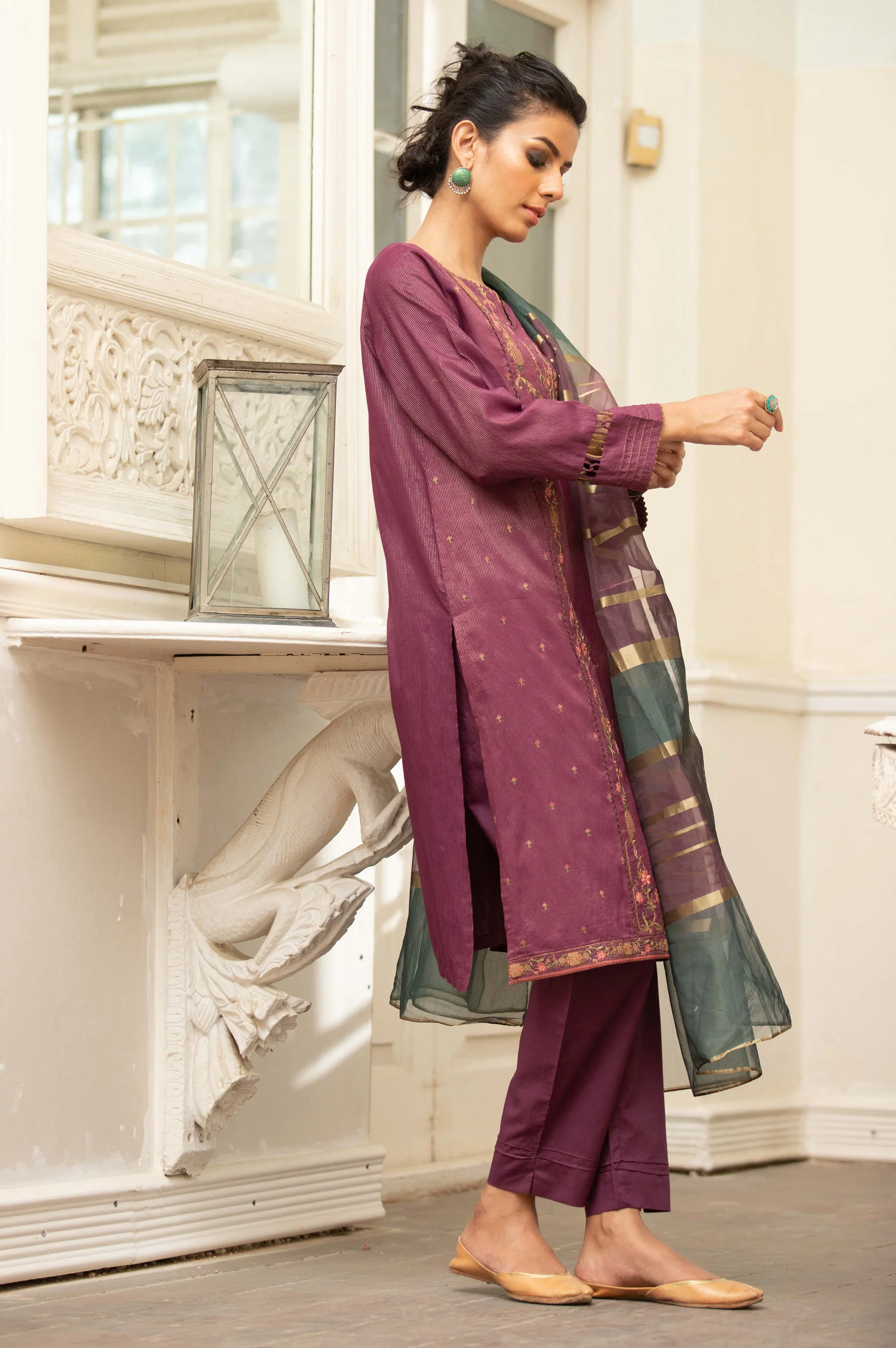 Stitched 3 Piece Embroidered Maysuri Suit With Organza Dupatta - Image 3