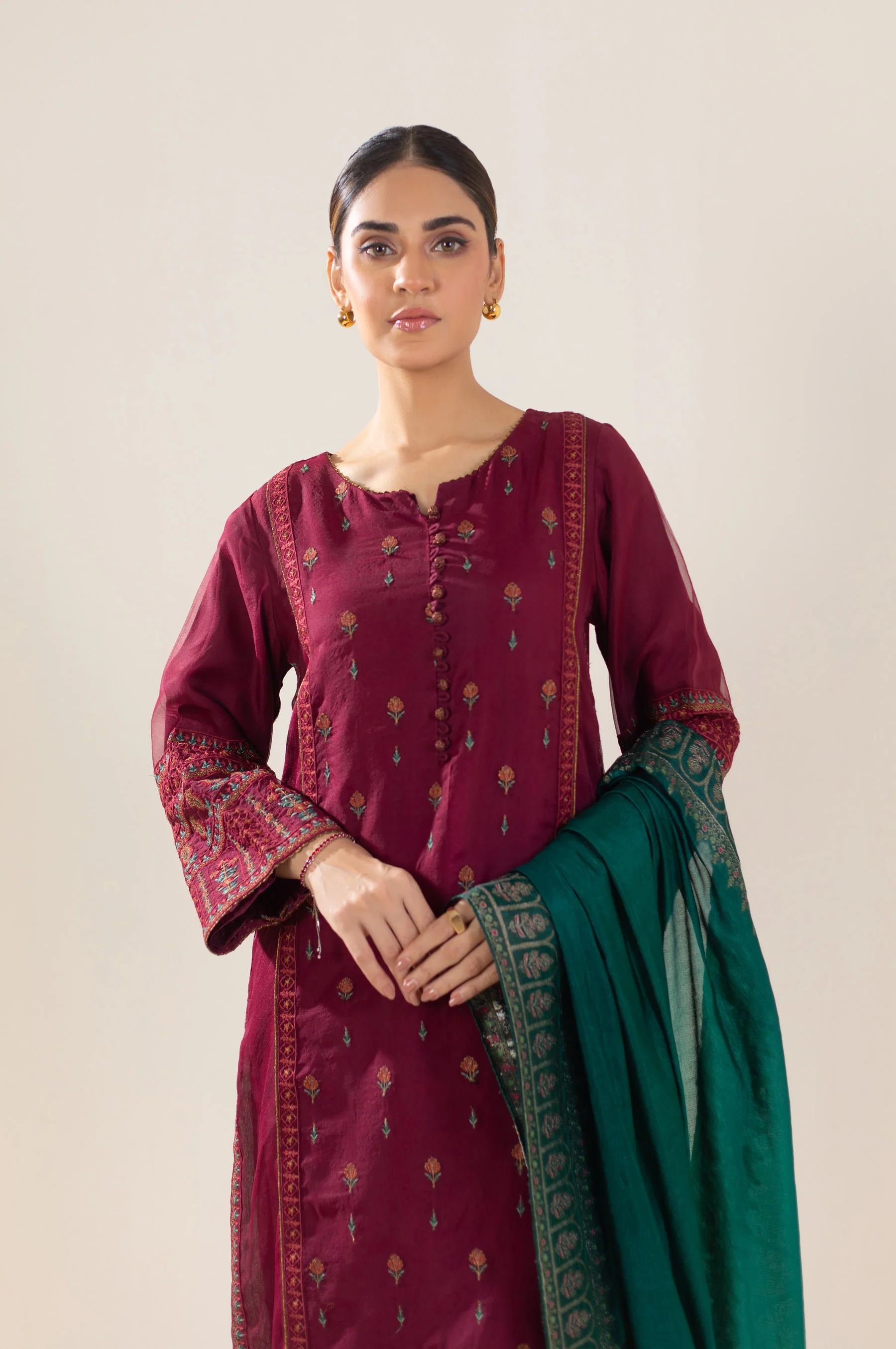 Stitched 3 Piece Embroidered Organza Outfit - Image 2