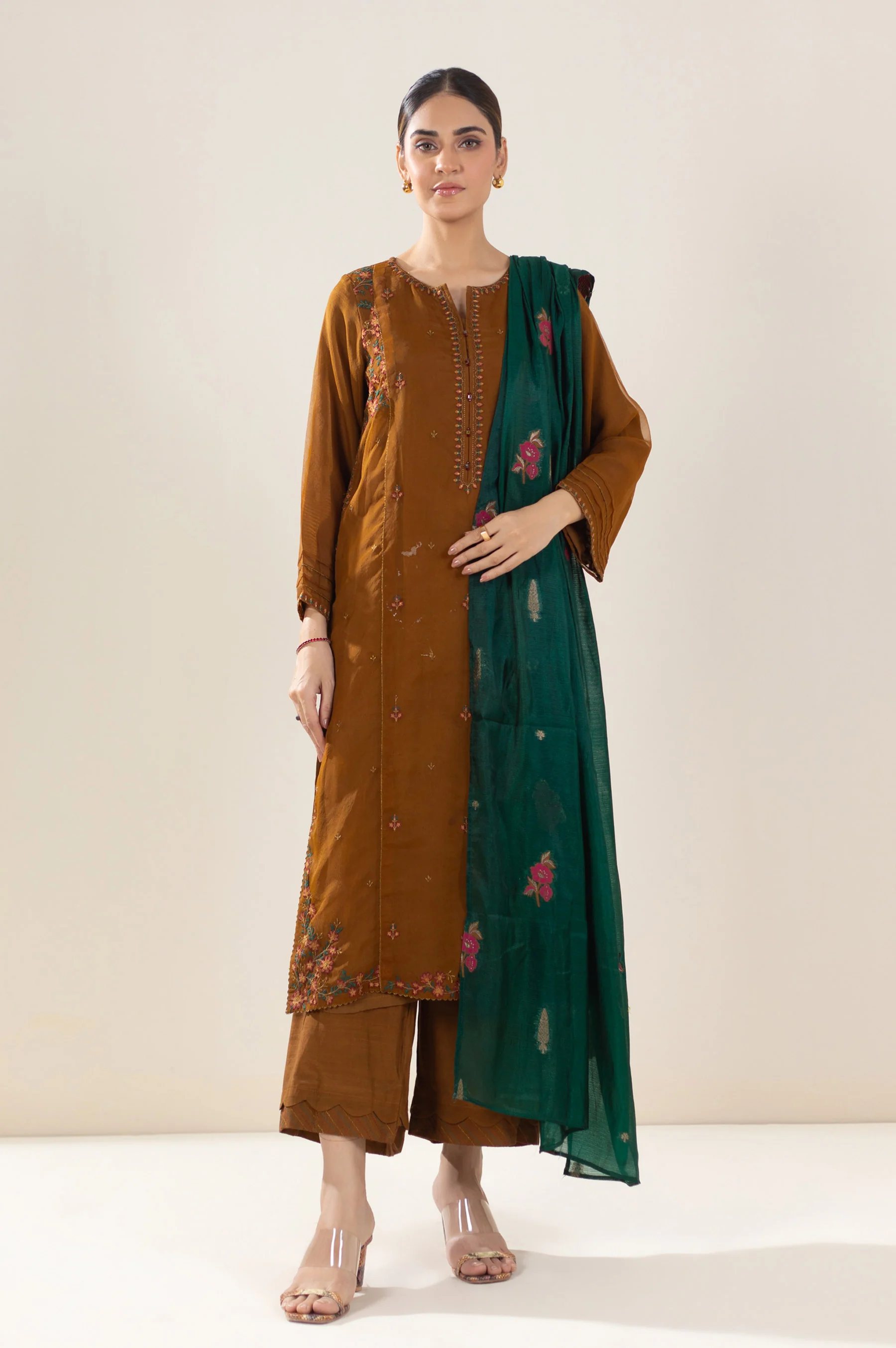 Stitched 3 Piece Embroidered Organza Outfit - Image 3