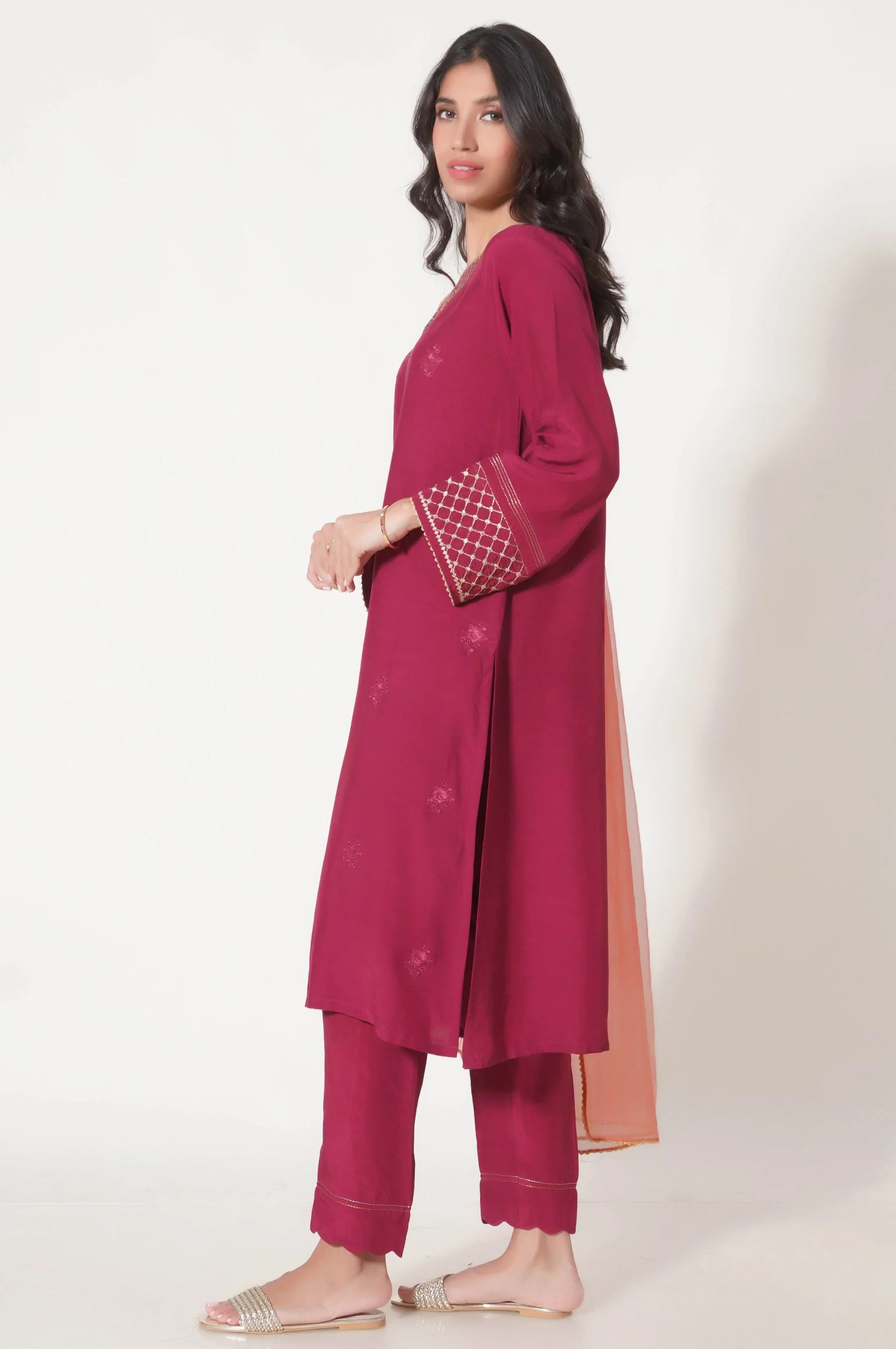 Stitched 3 Piece Embroidered Raw Silk Outfit - Image 2