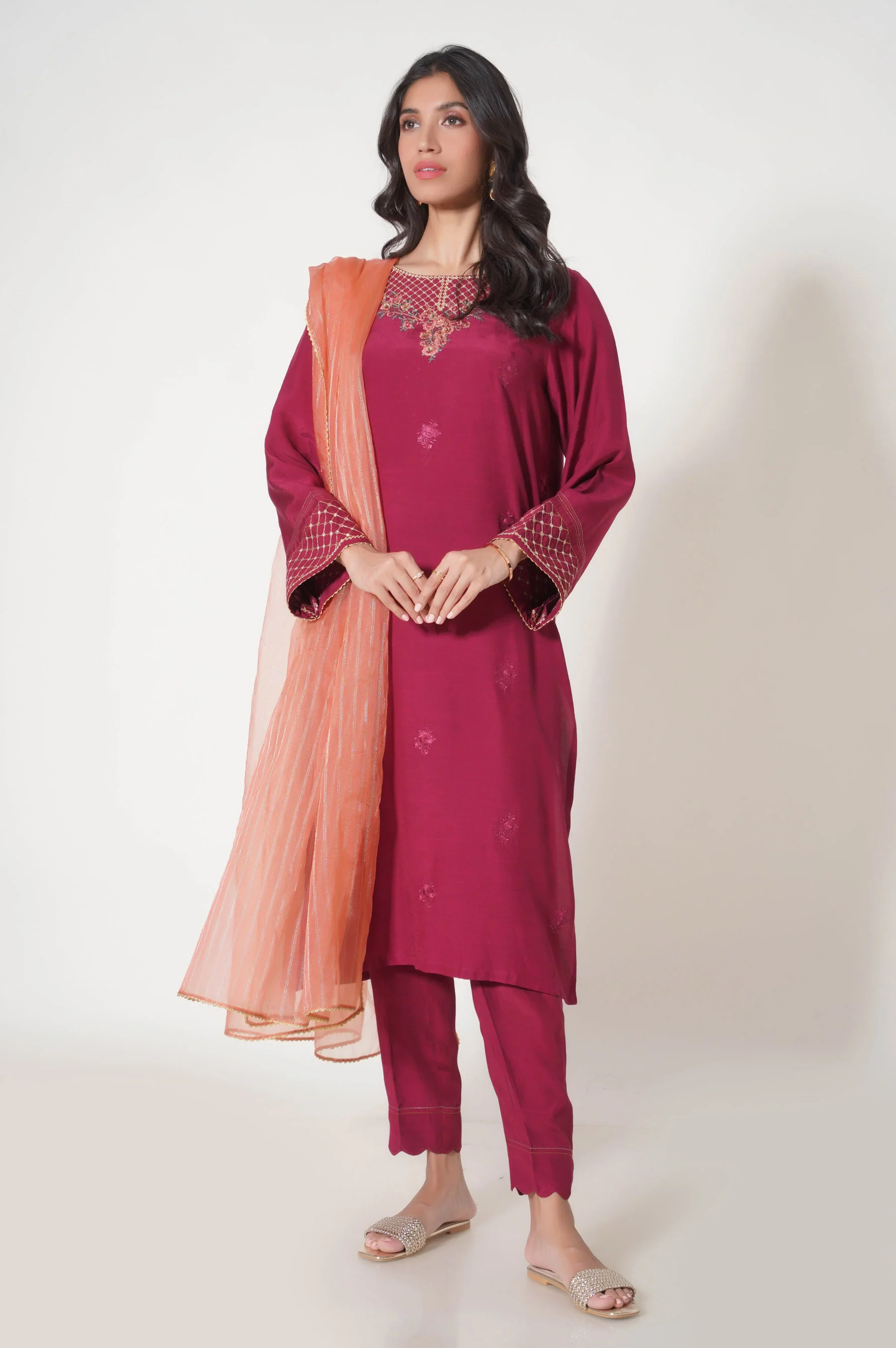 Stitched 3 Piece Embroidered Raw Silk Outfit - Image 5