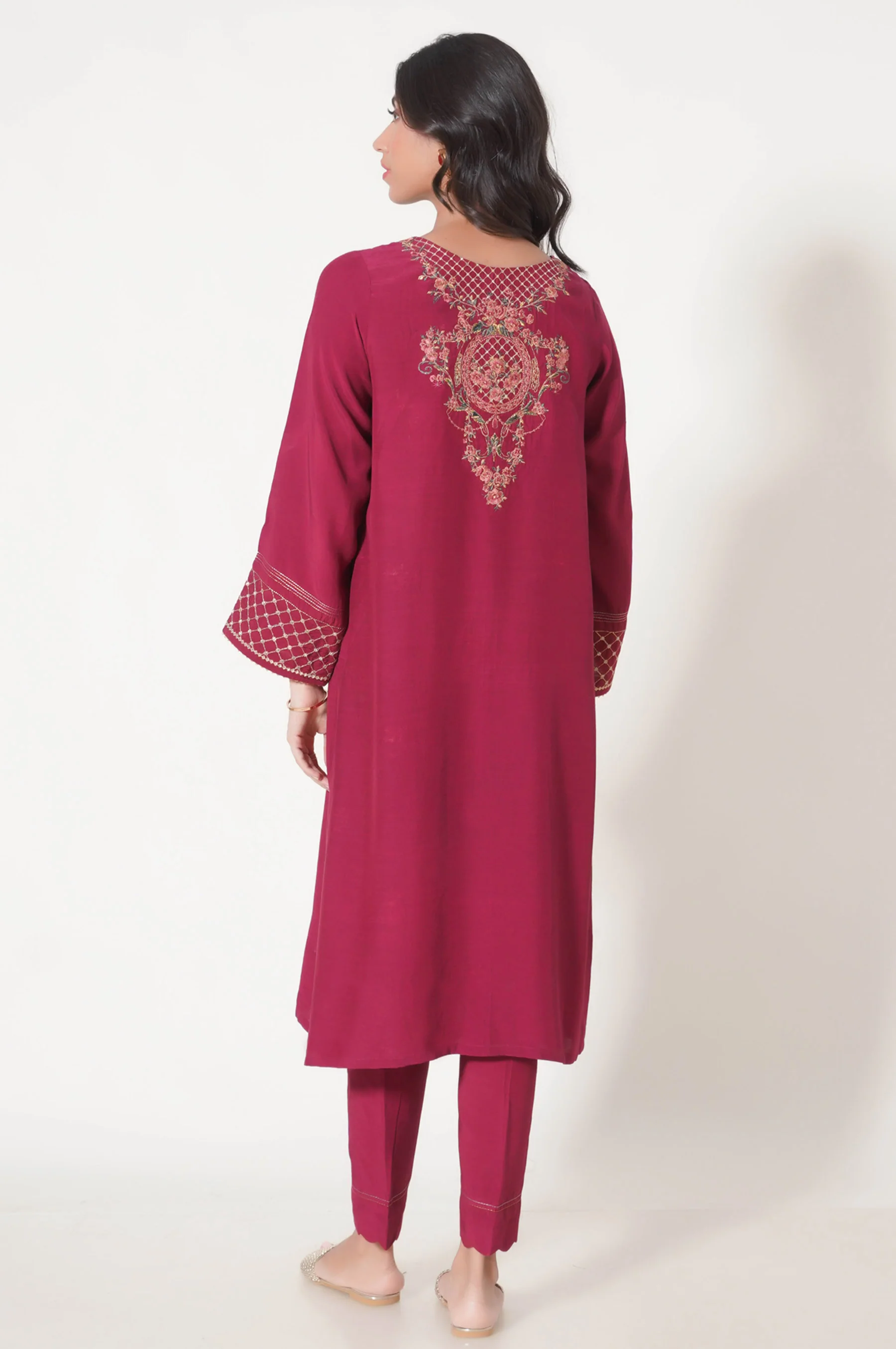 Stitched 3 Piece Embroidered Raw Silk Outfit - Image 6