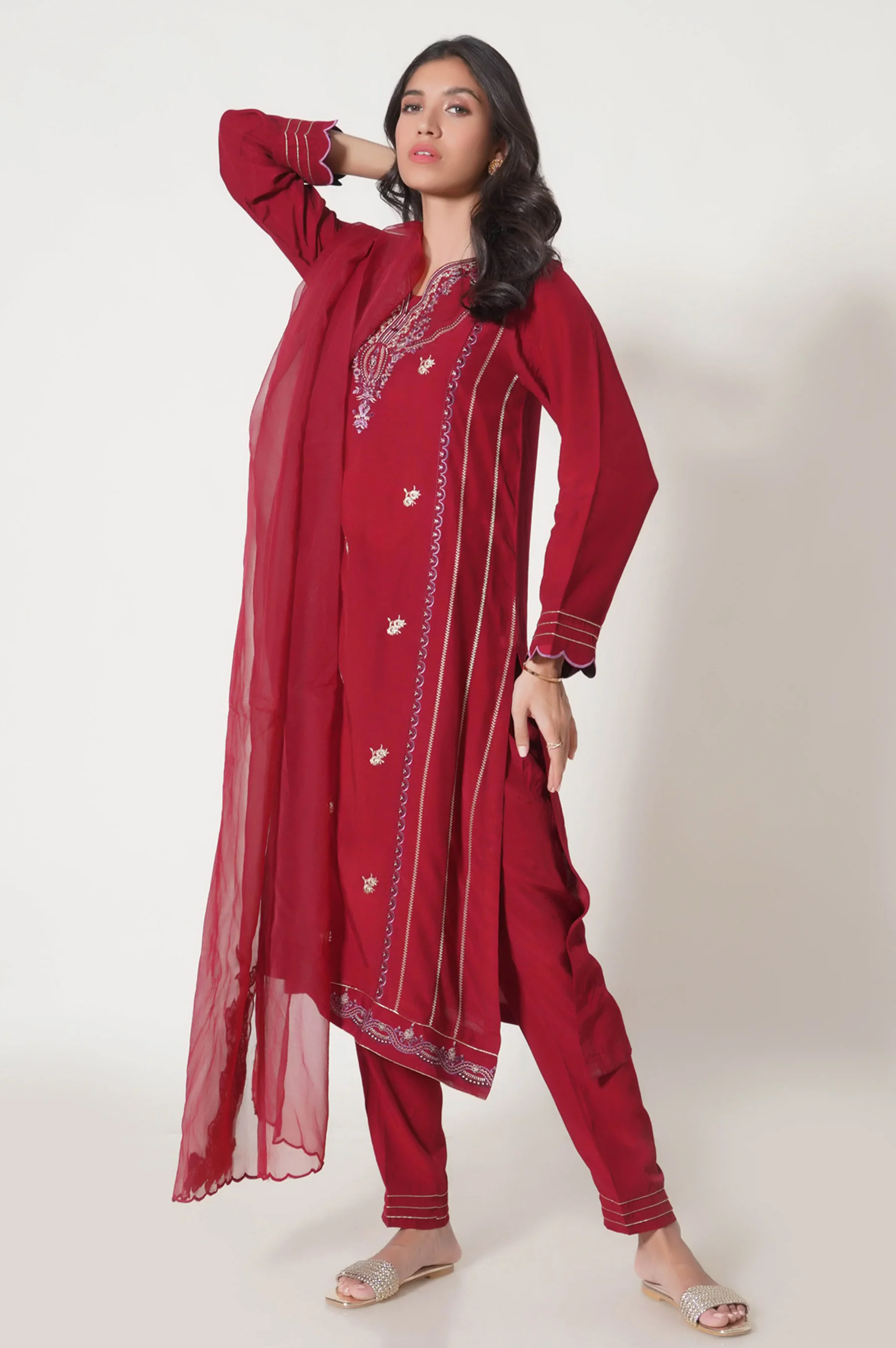Stitched 3 Piece Embroidered Raw Silk Outfit - Image 3