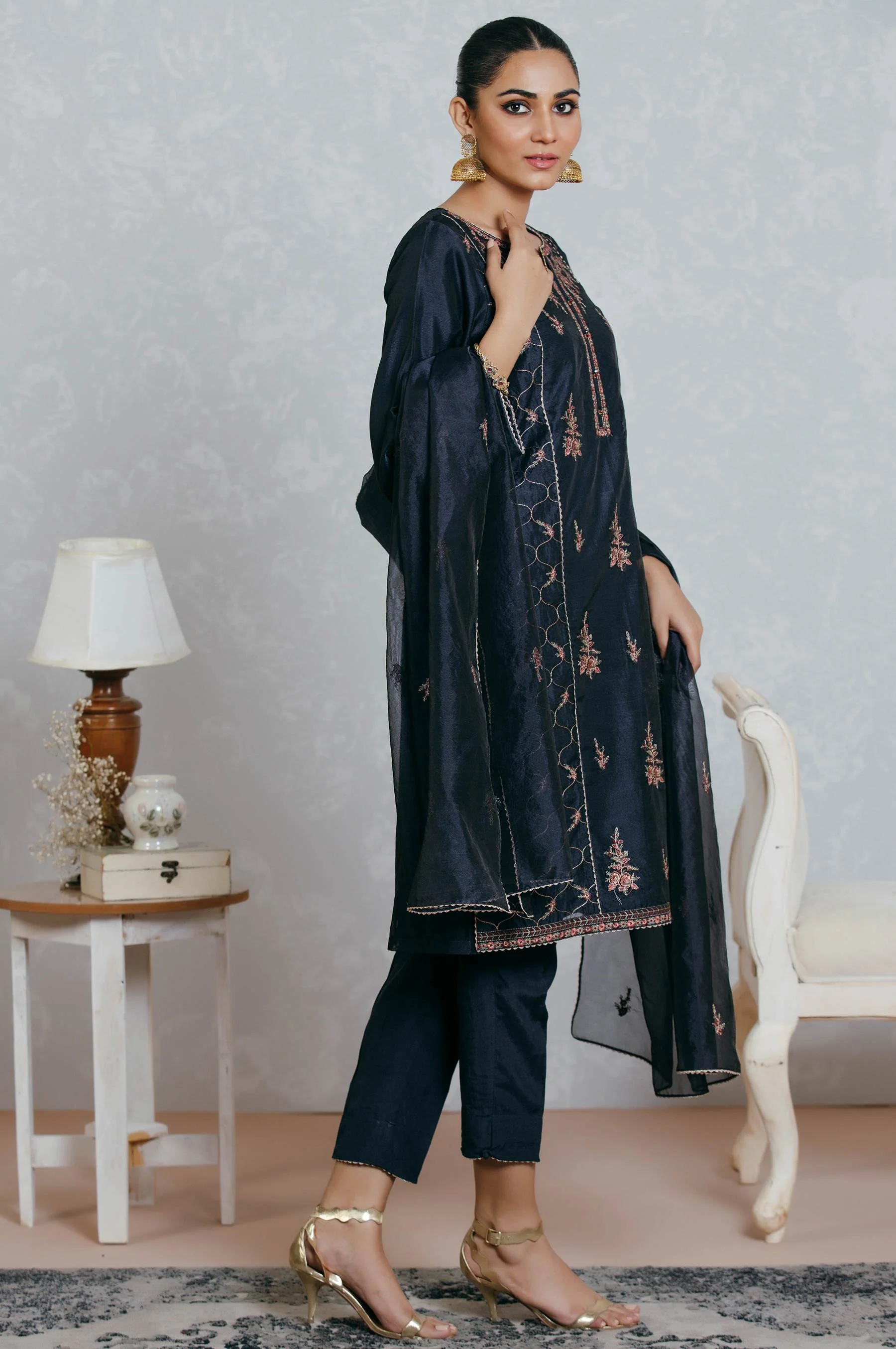 Stitched 3 Piece Organza Embroidered Suit - Image 2