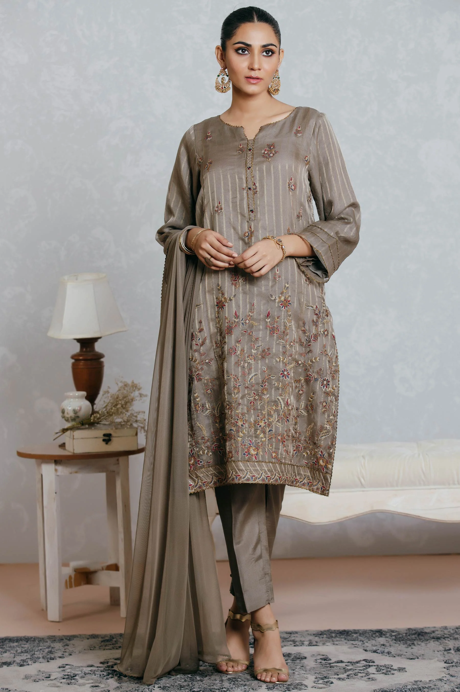 Stitched 3 Piece Striped Organza Embroidered Suit