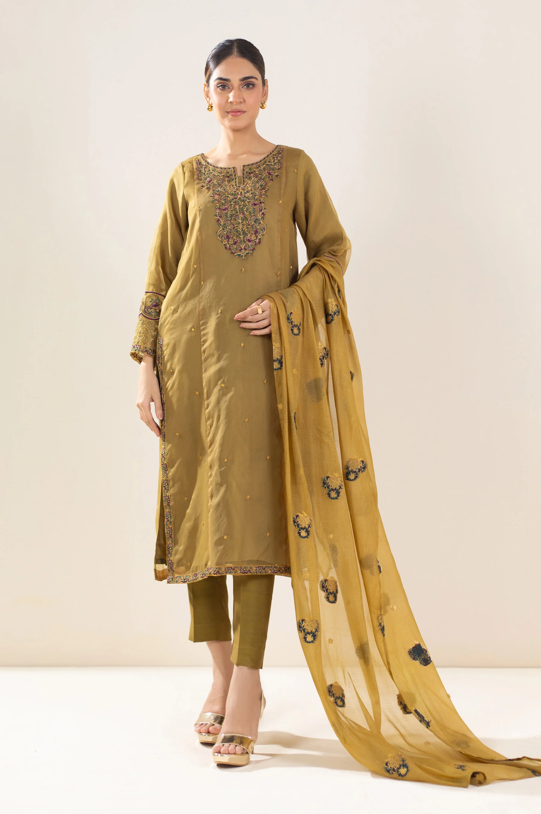 Stitched 3 Piece Embroidered Organza Suit - Image 4