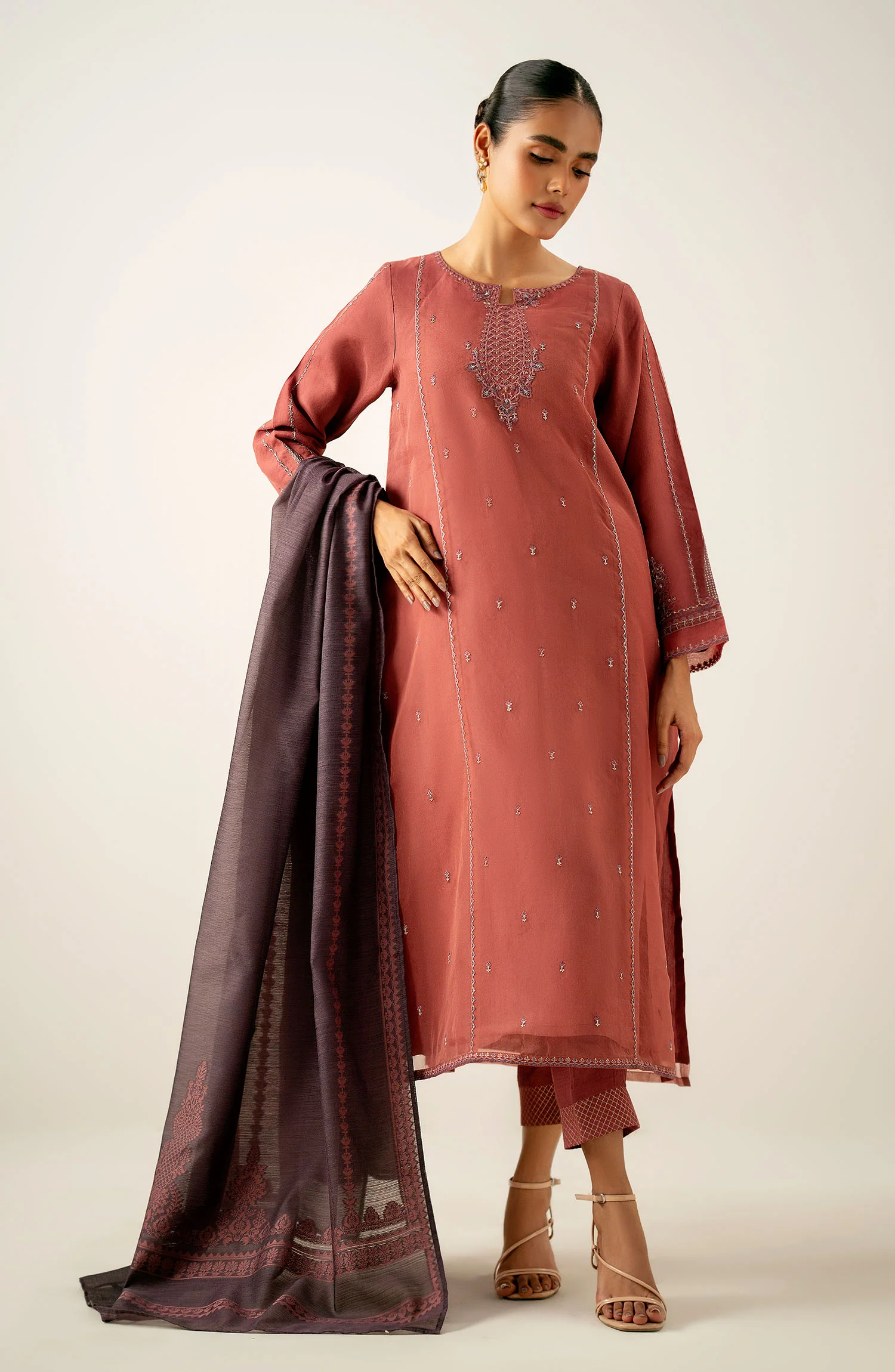 Stitched 3 Piece Embroidered Organza Suit