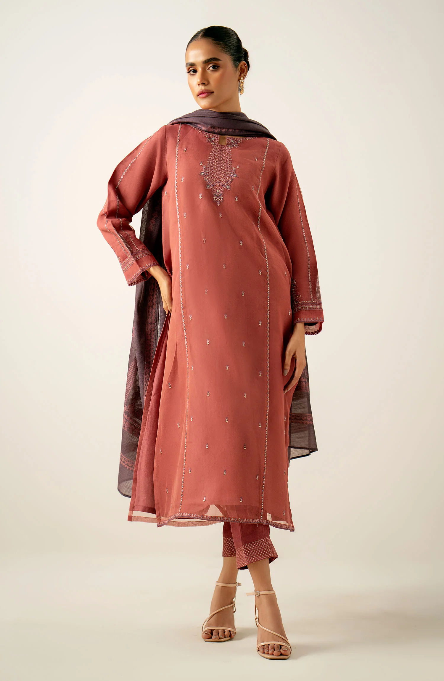 Stitched 3 Piece Embroidered Organza Suit - Image 3