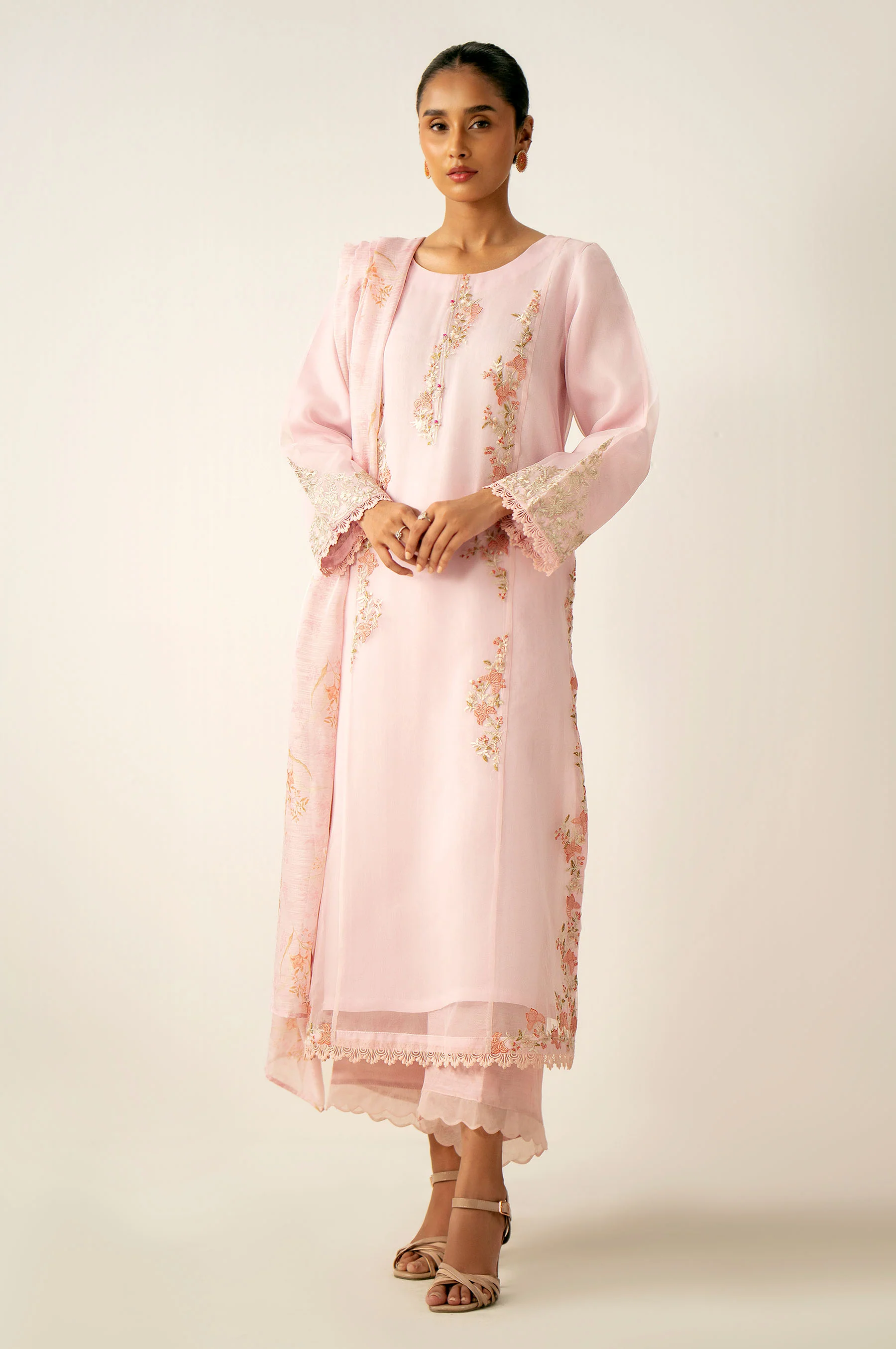 Stitched 3 Piece Embroidered Organza Suit
