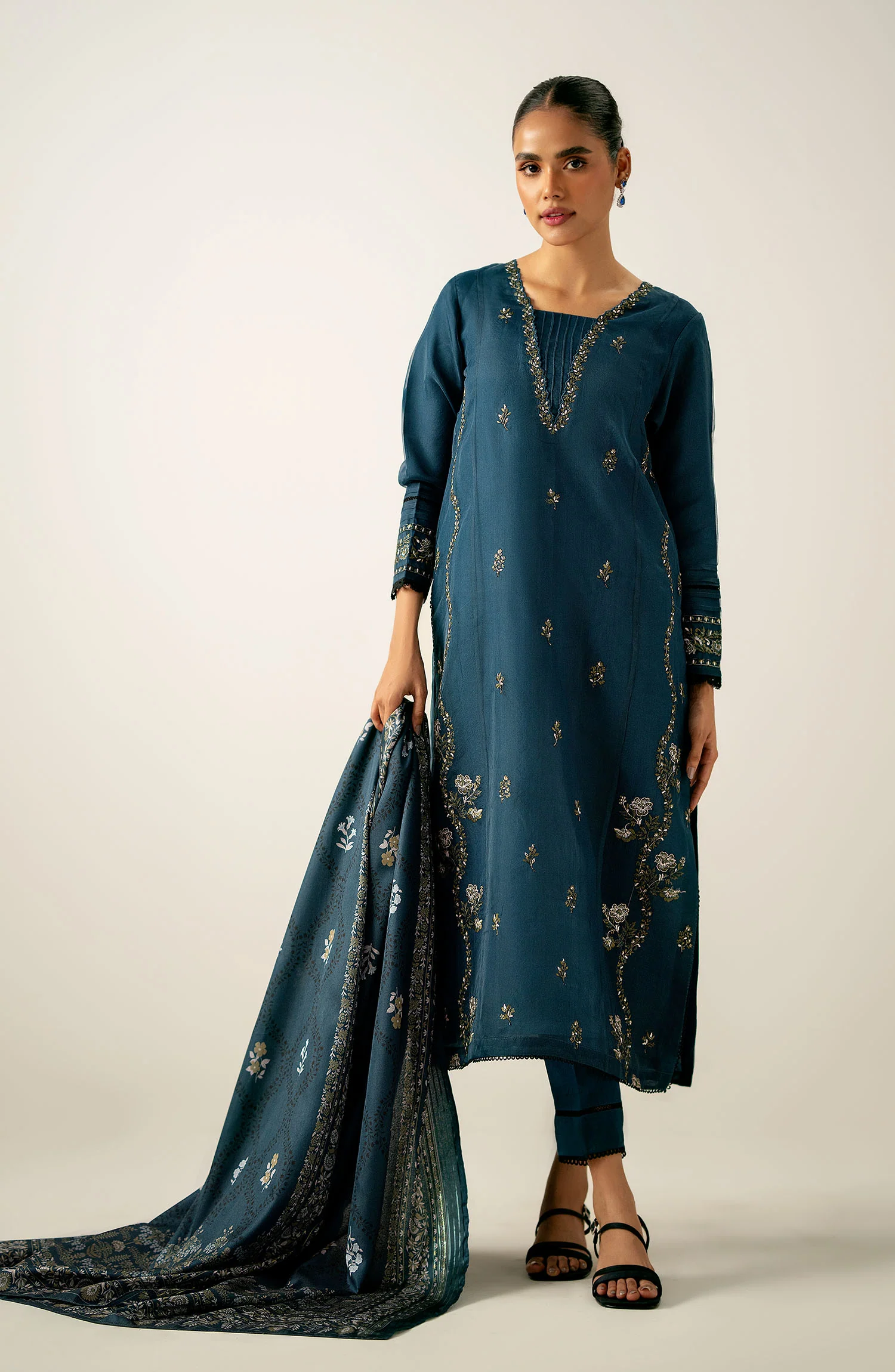 Stitched 3 Piece Embroidered Organza Suit