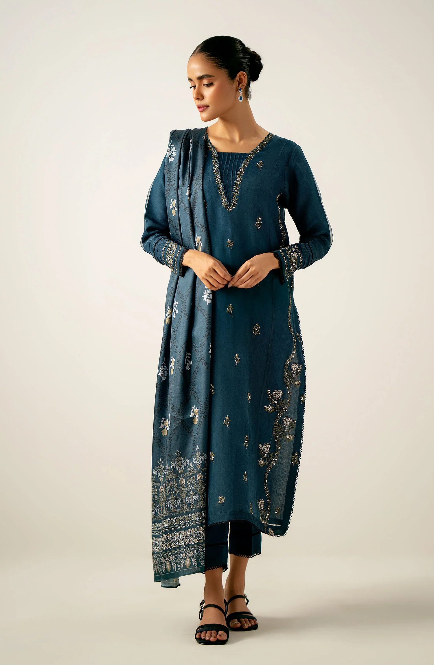 Stitched 3 Piece Embroidered Organza Suit - Image 3