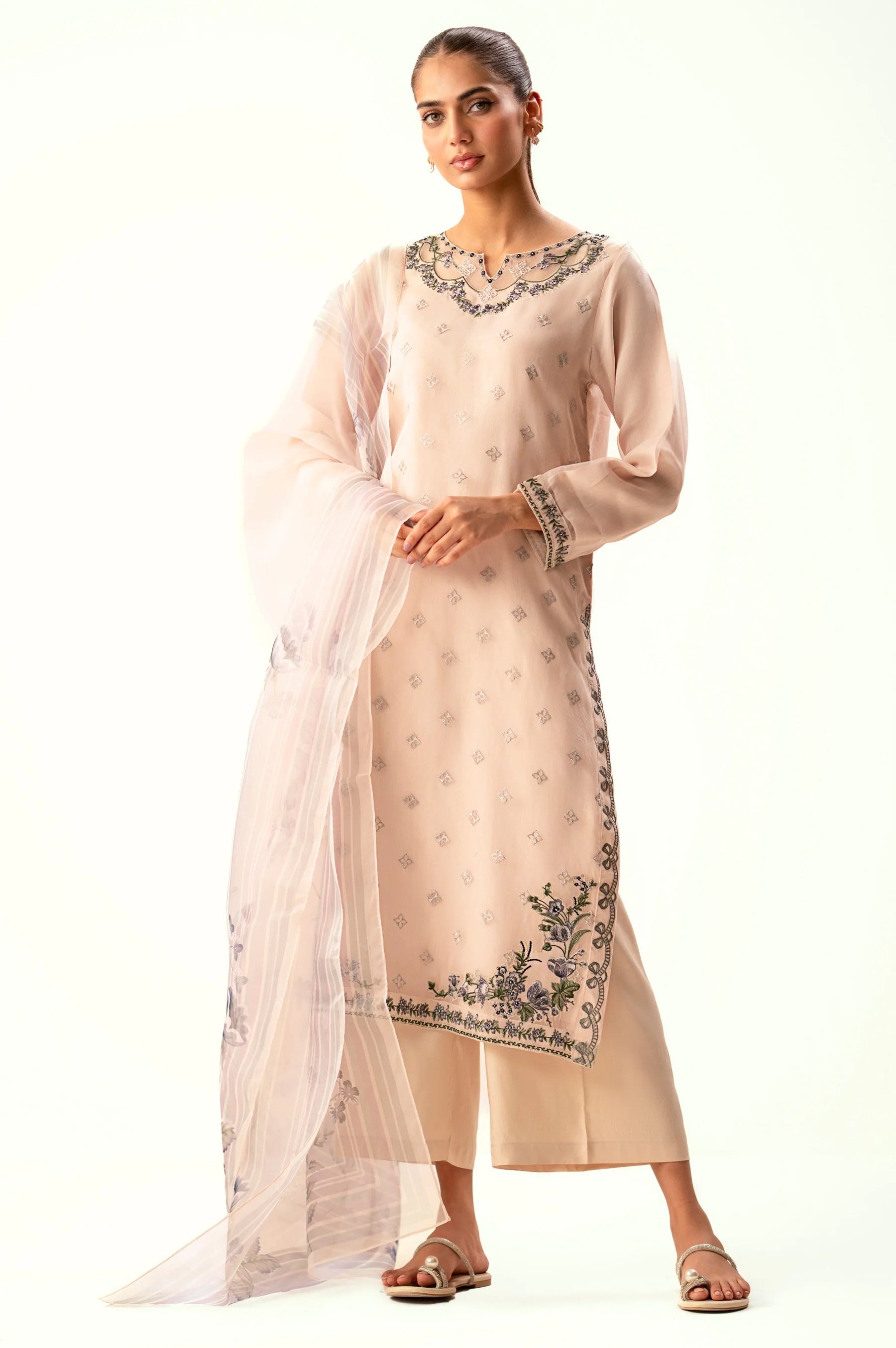 Stitched 3 Piece Embroidered Organza Suit