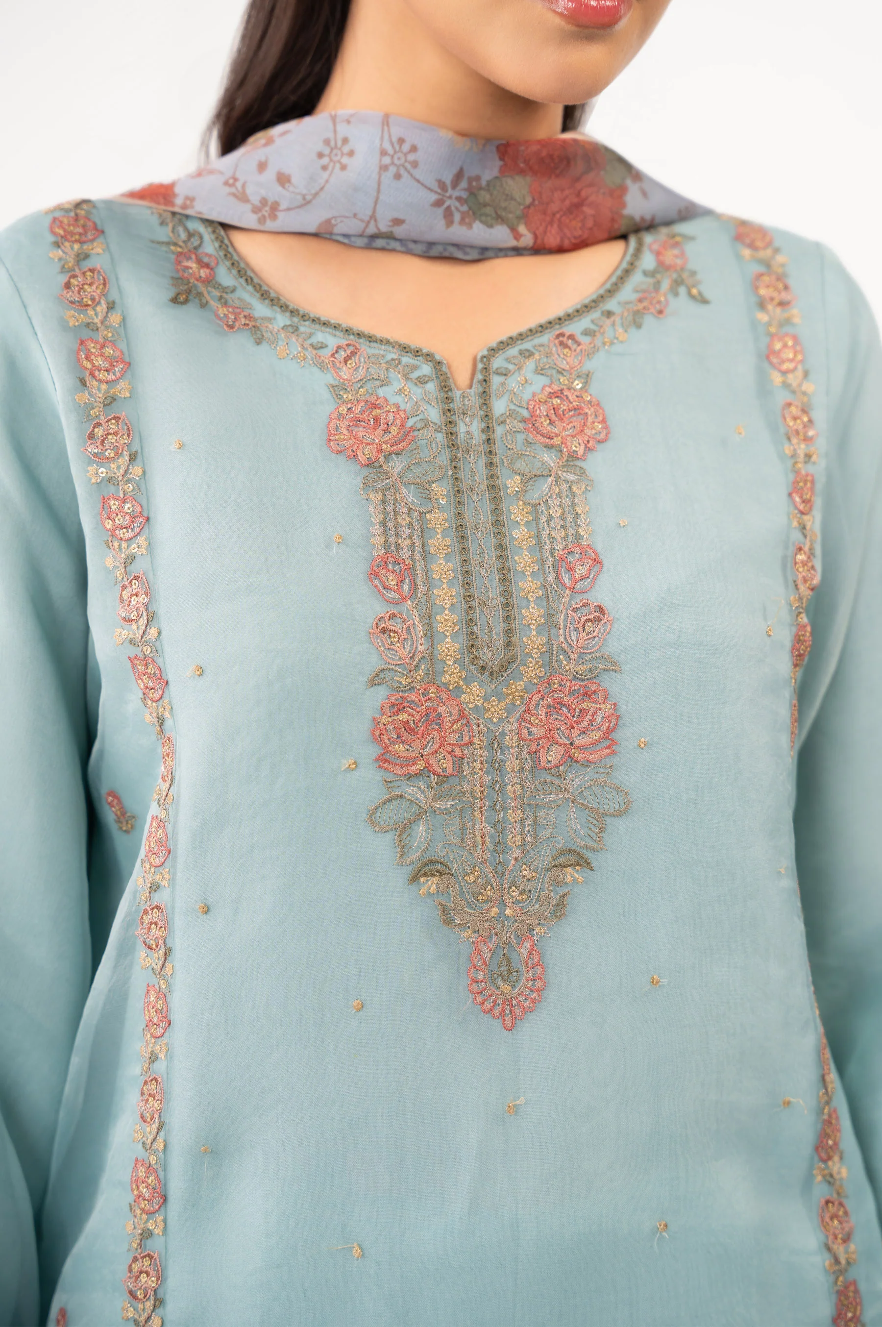 Stitched 3 Piece Embroidered Organza Suit - Image 2