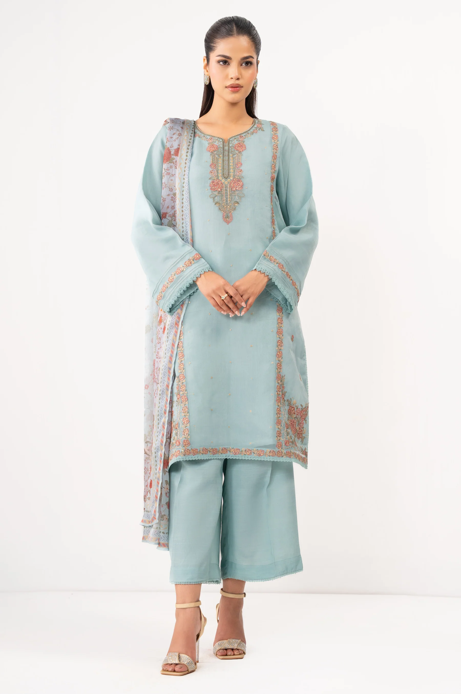 Stitched 3 Piece Embroidered Organza Suit - Image 3