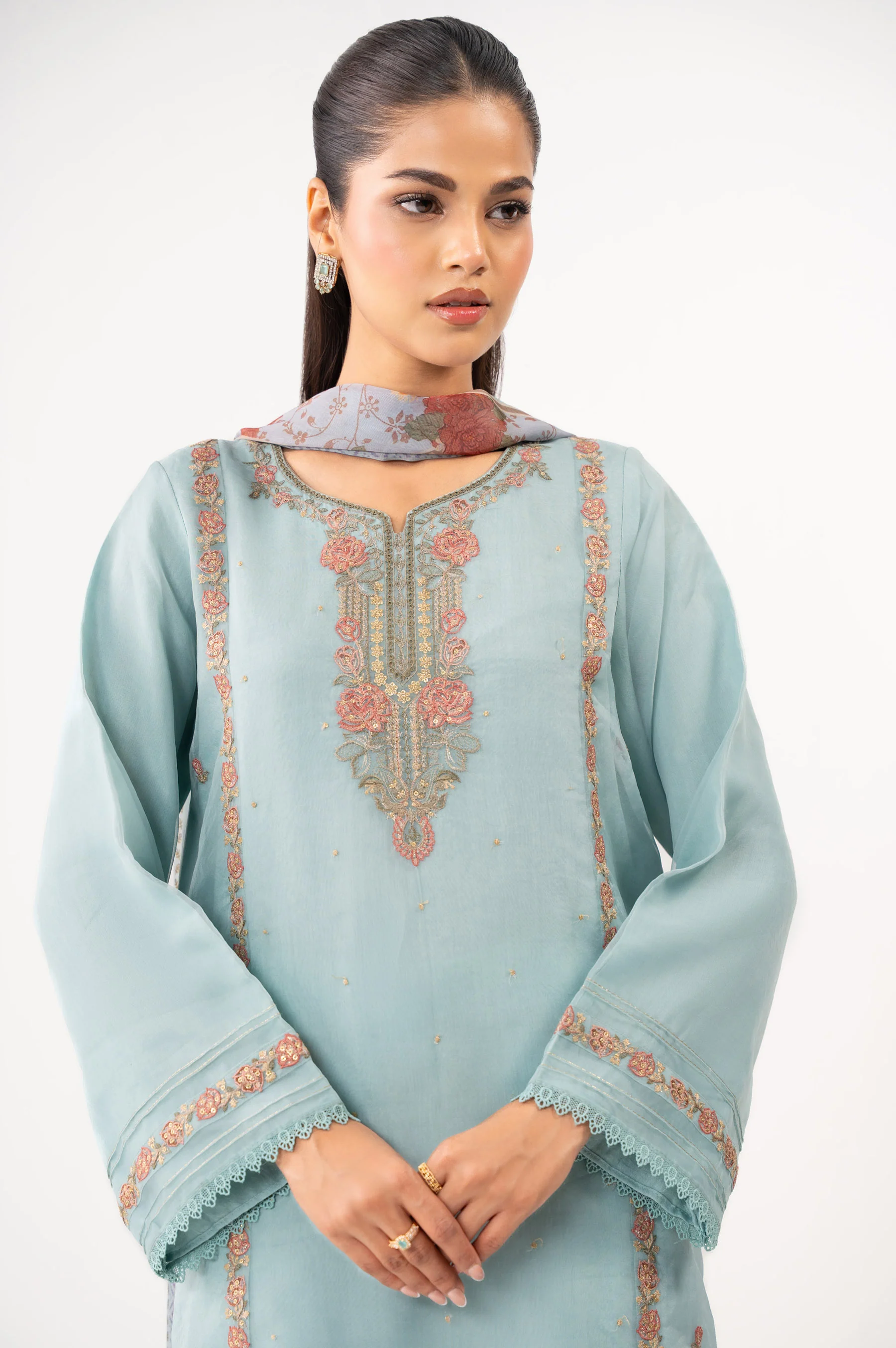 Stitched 3 Piece Embroidered Organza Suit - Image 4