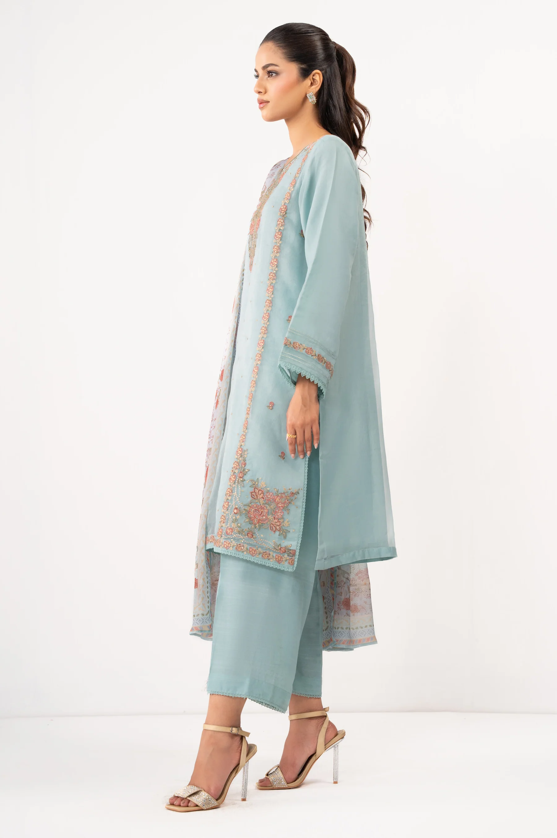 Stitched 3 Piece Embroidered Organza Suit - Image 5