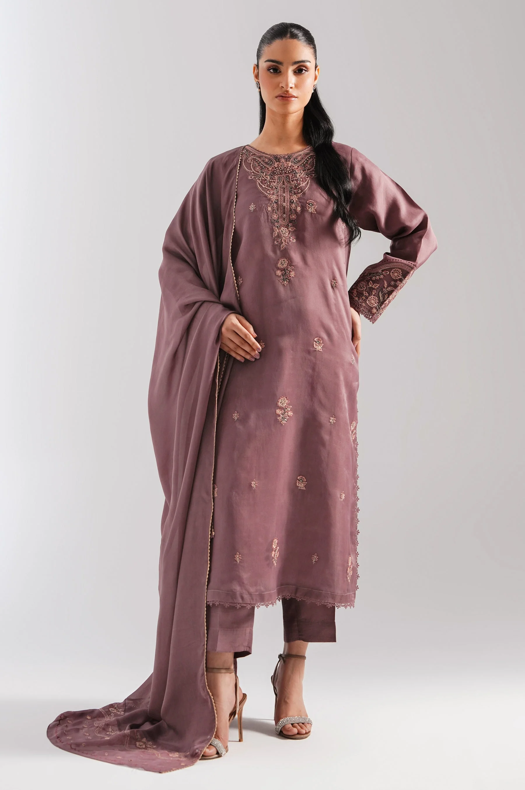 STITCHED EMBROIDERED ORGANZA SUIT (FACTORY E-OUTLET)