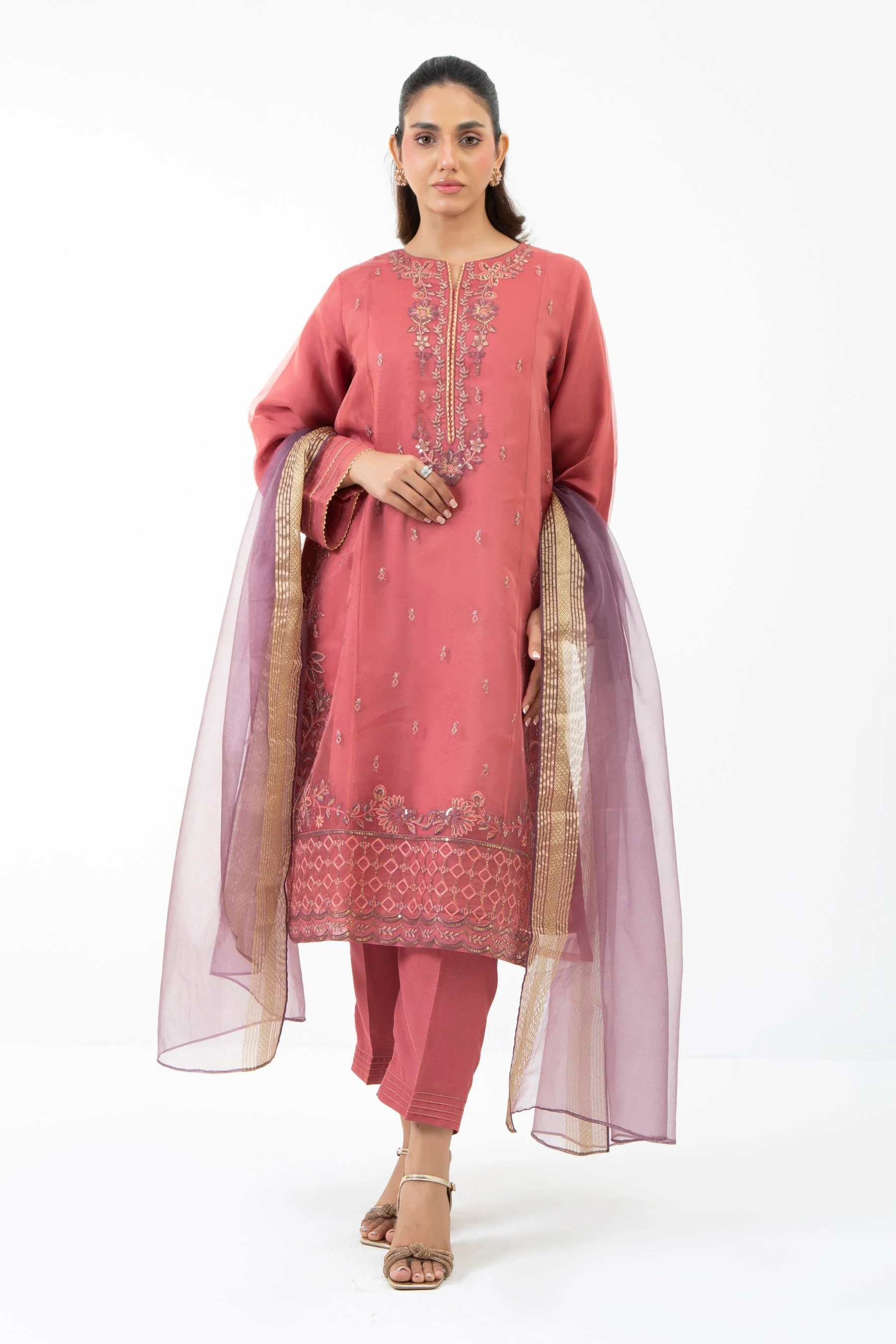 STITCHED EMBROIDERED ORGANZA SUIT (FACTORY E-OUTLET)
