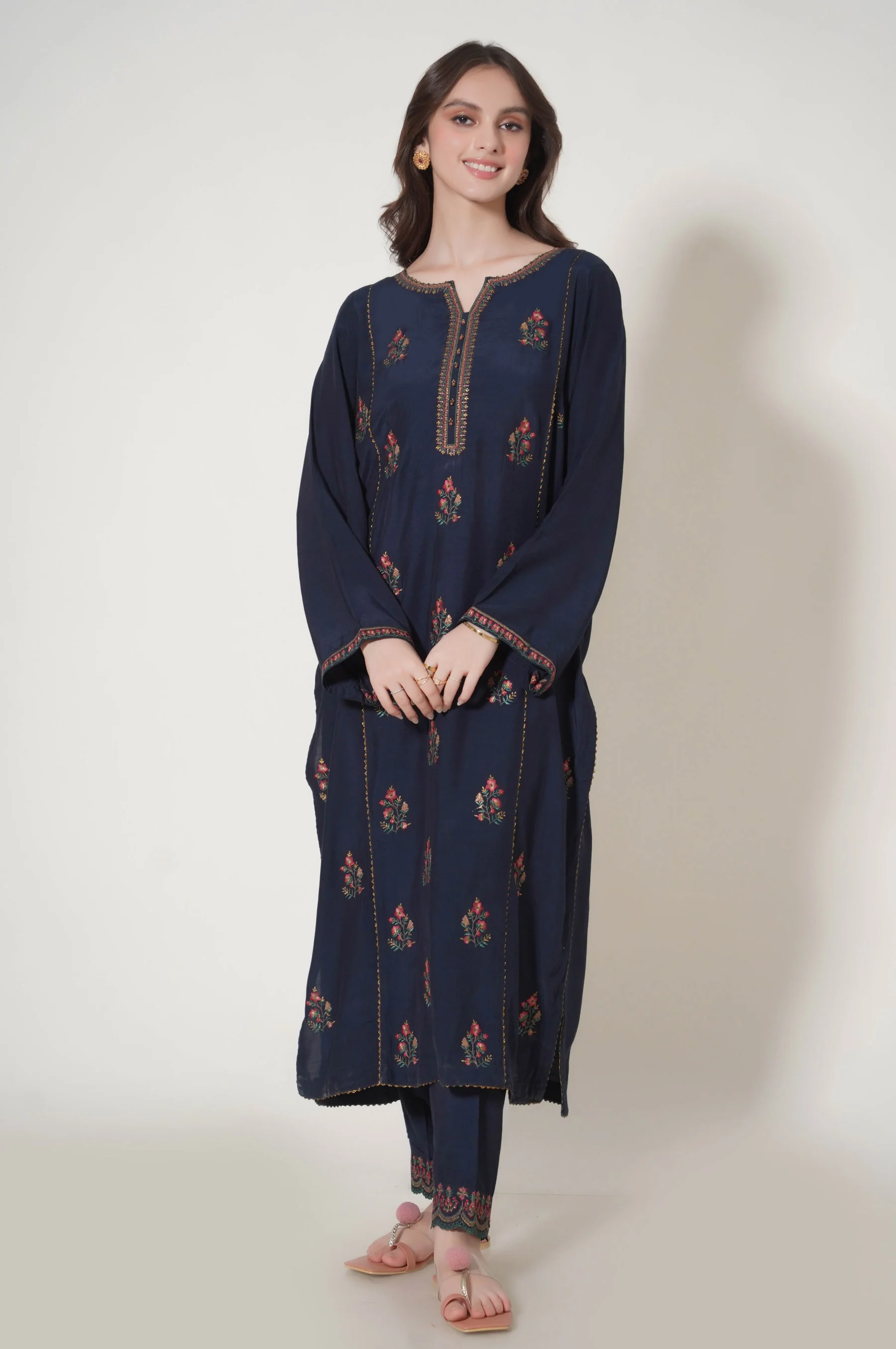 Stitched 3 Piece Embroidered Raw Silk Outfit - Image 6