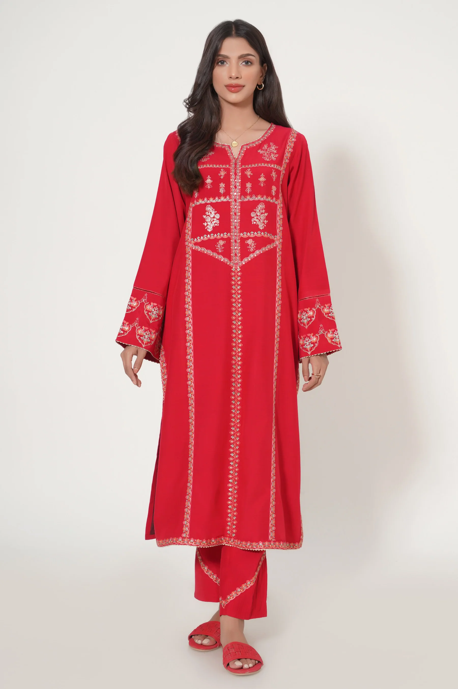 Stitched 3 Piece Embroidered Raw Silk Suit - Image 4