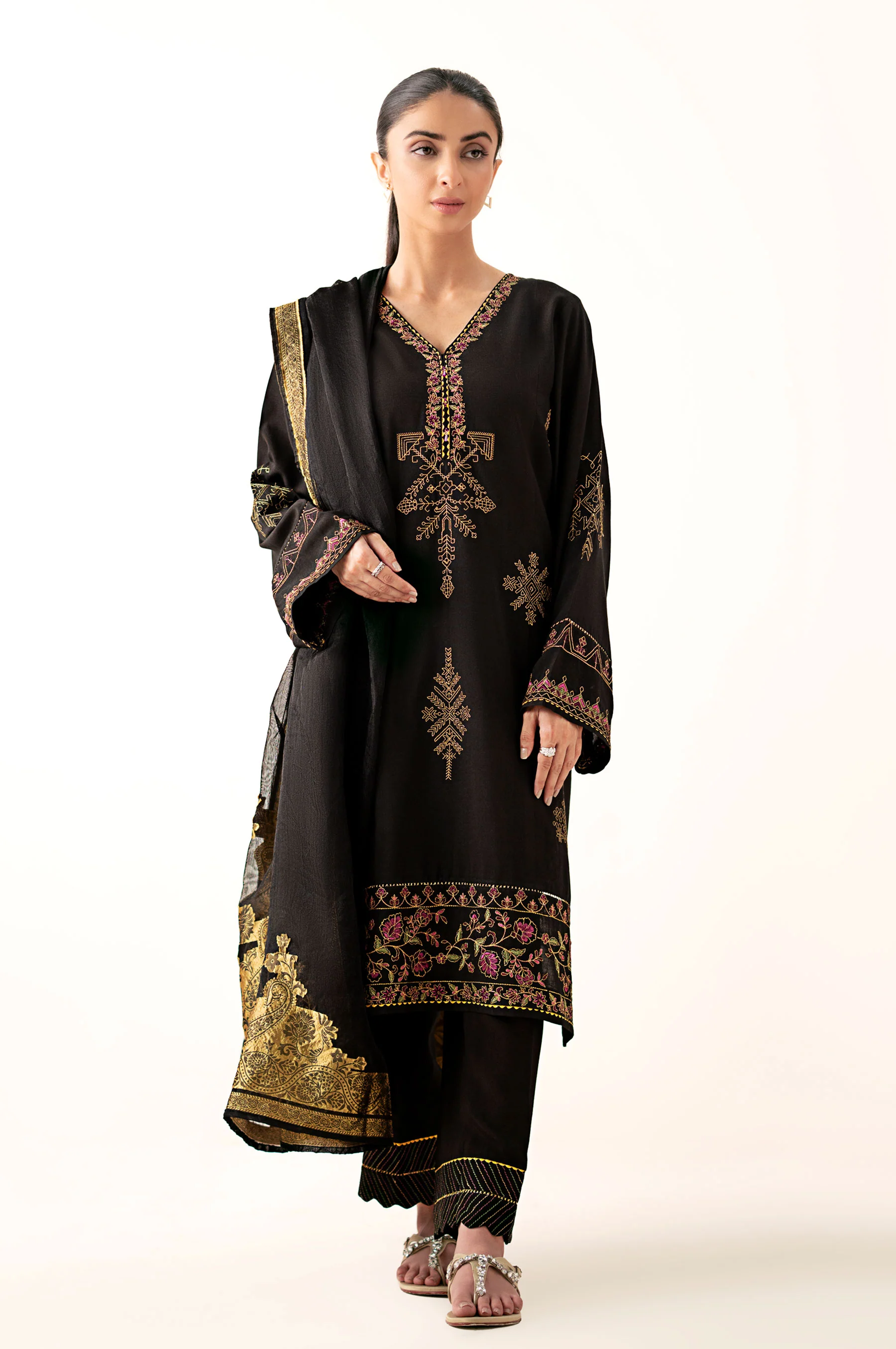 Stitched 3 Piece Embroidered Oak Silk Suit with Cotton Net Jacquard Dupatta