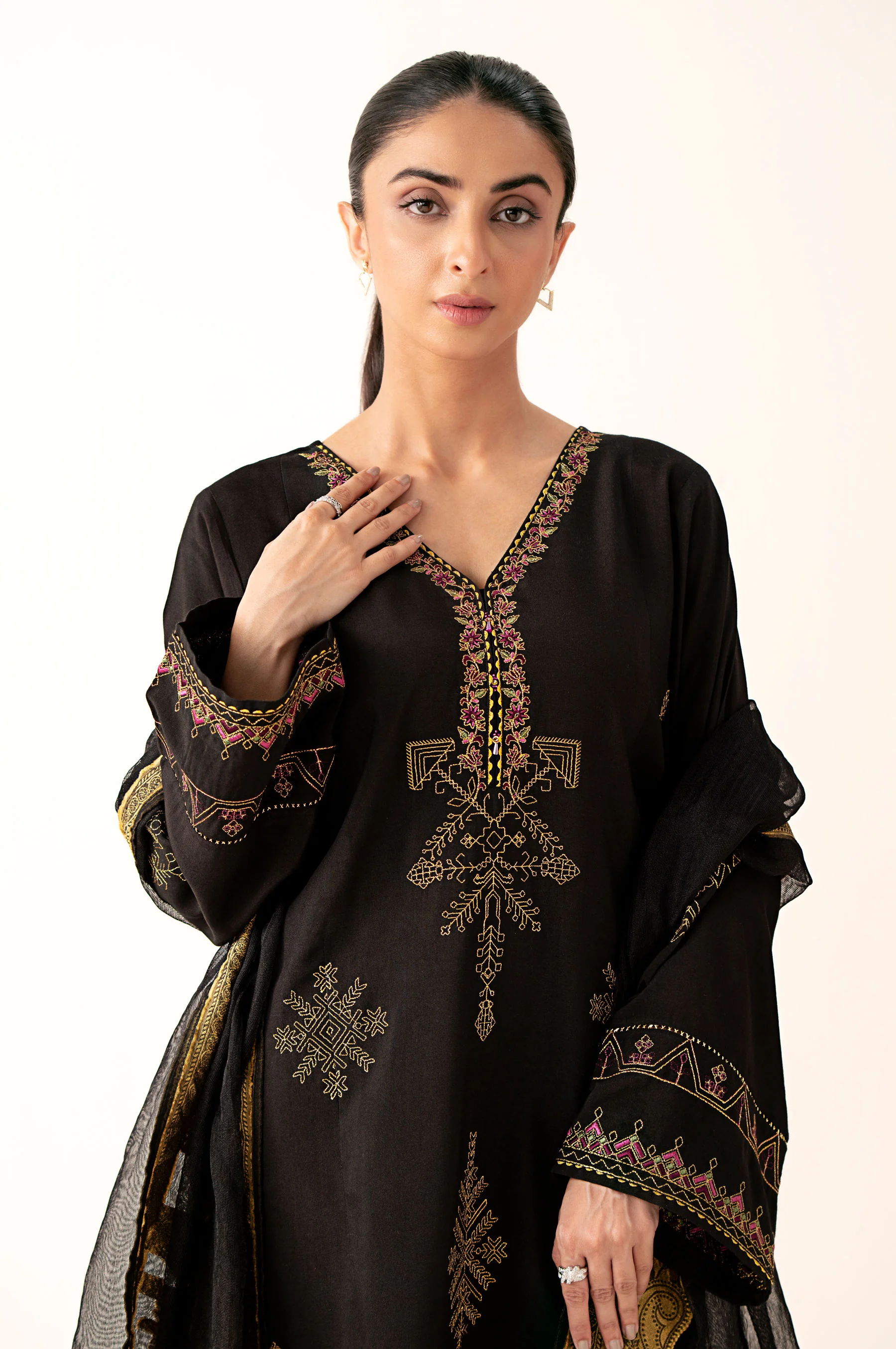 Stitched 3 Piece Embroidered Oak Silk Suit with Cotton Net Jacquard Dupatta - Image 2
