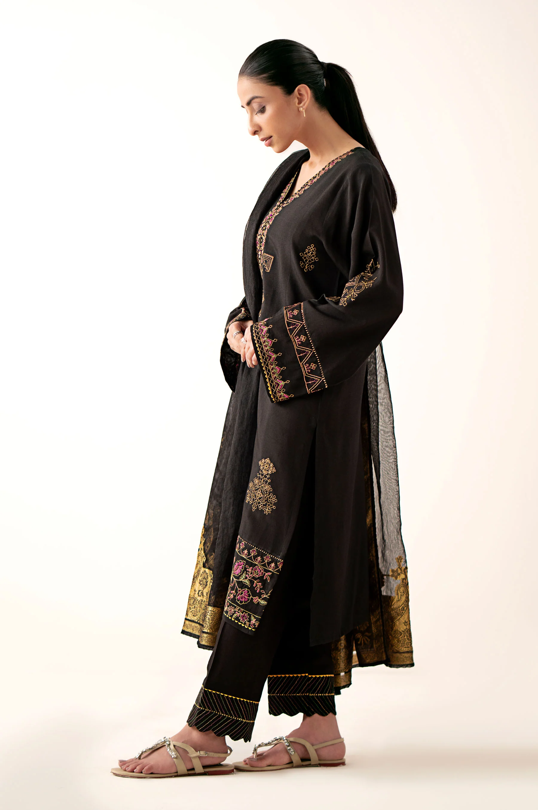 Stitched 3 Piece Embroidered Oak Silk Suit with Cotton Net Jacquard Dupatta - Image 3