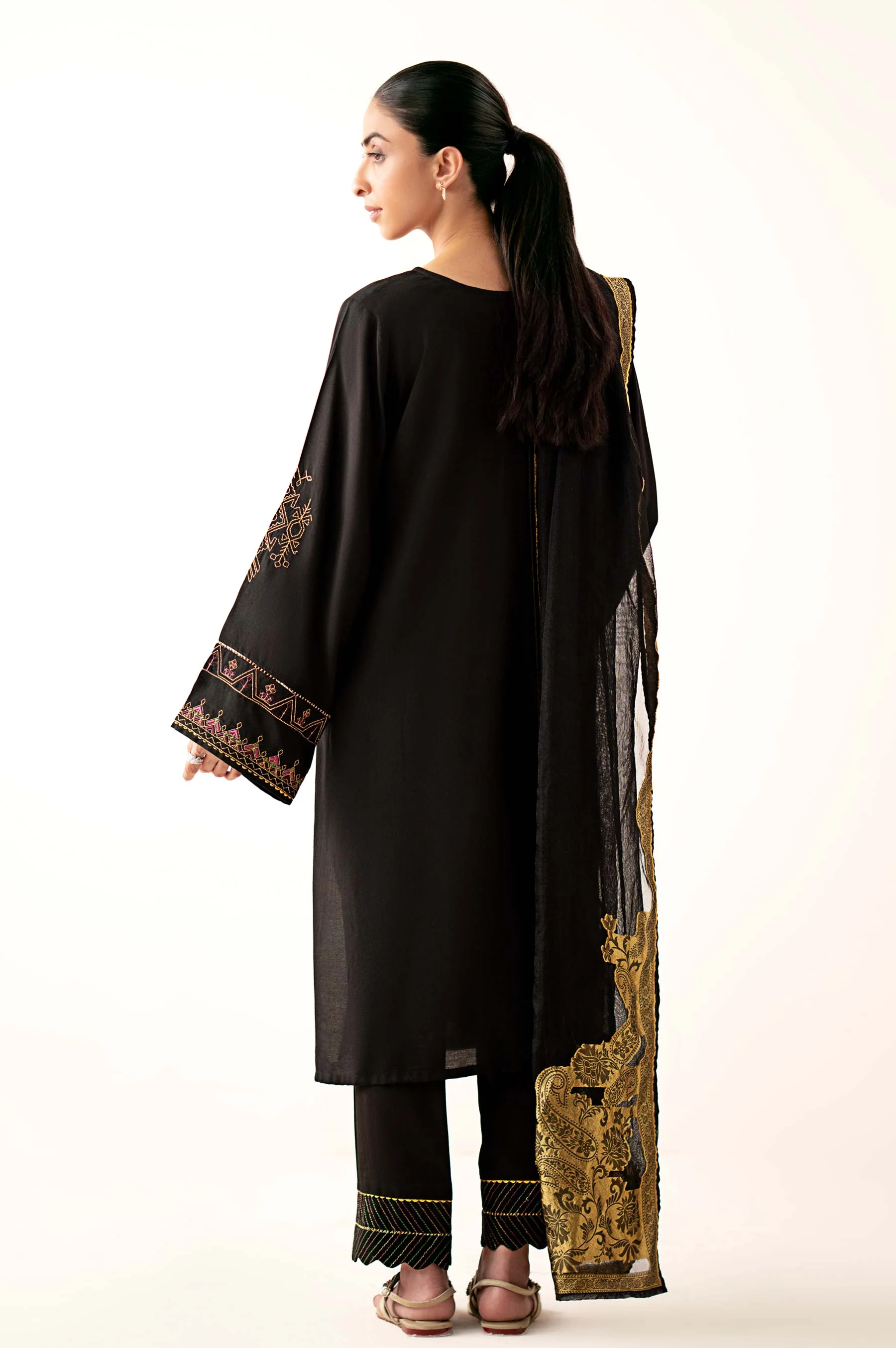 Stitched 3 Piece Embroidered Oak Silk Suit with Cotton Net Jacquard Dupatta - Image 4