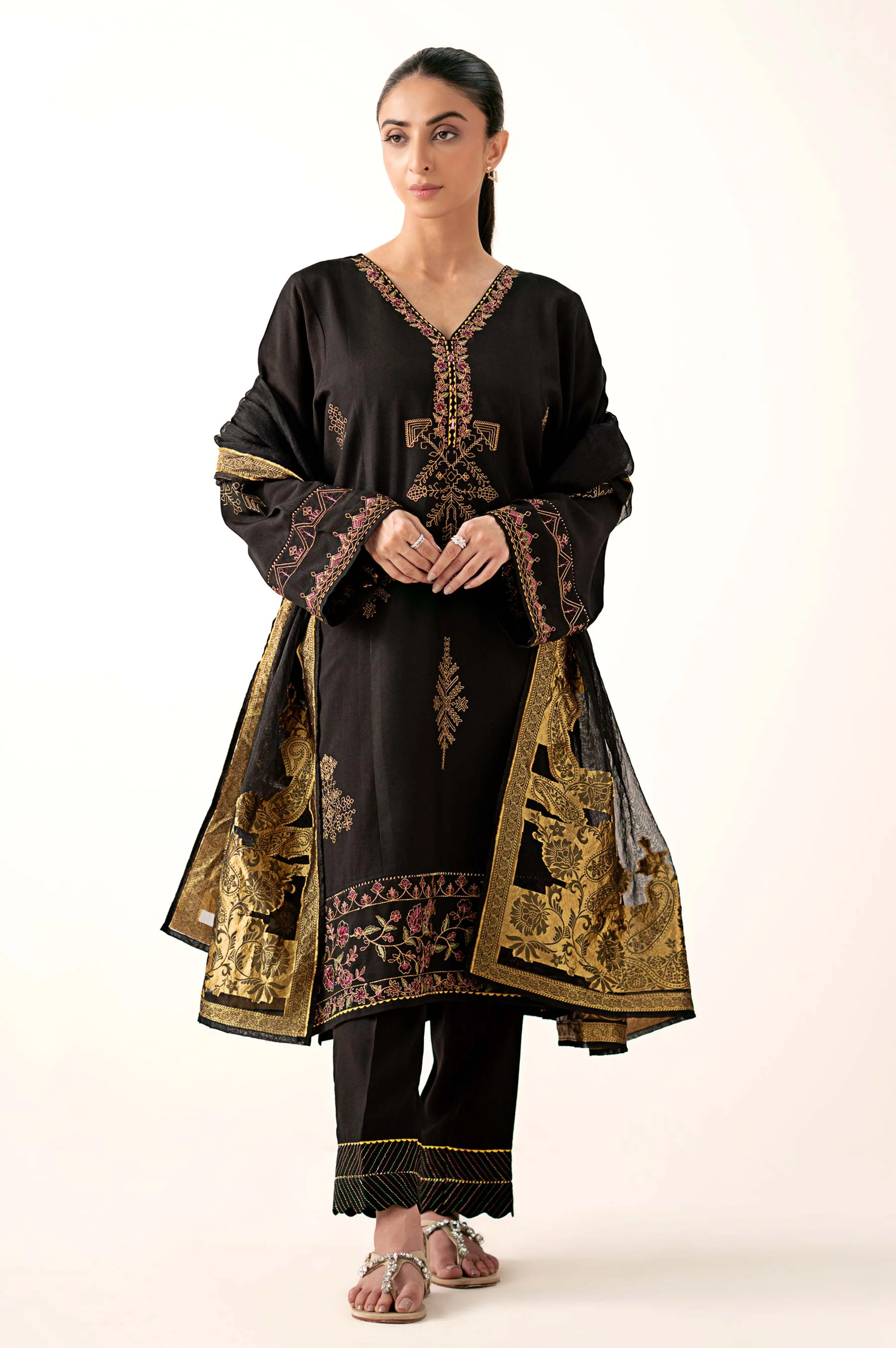 Stitched 3 Piece Embroidered Oak Silk Suit with Cotton Net Jacquard Dupatta - Image 5
