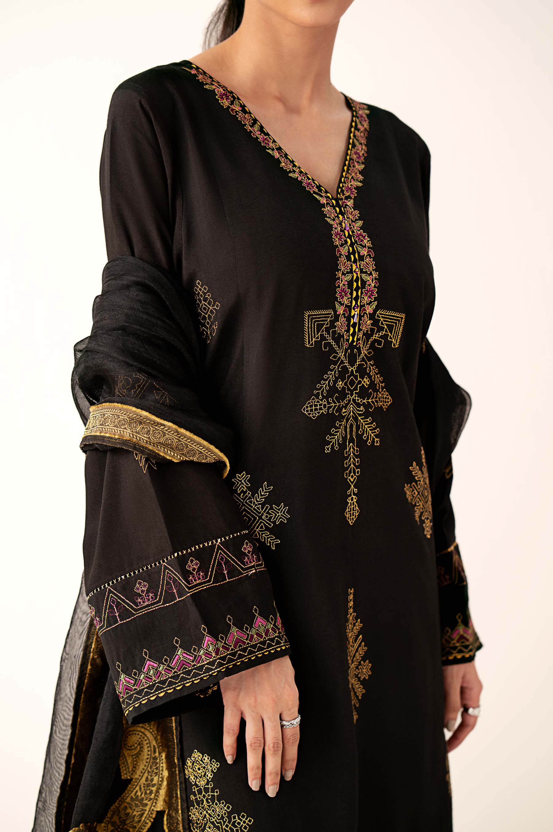 Stitched 3 Piece Embroidered Oak Silk Suit with Cotton Net Jacquard Dupatta - Image 6