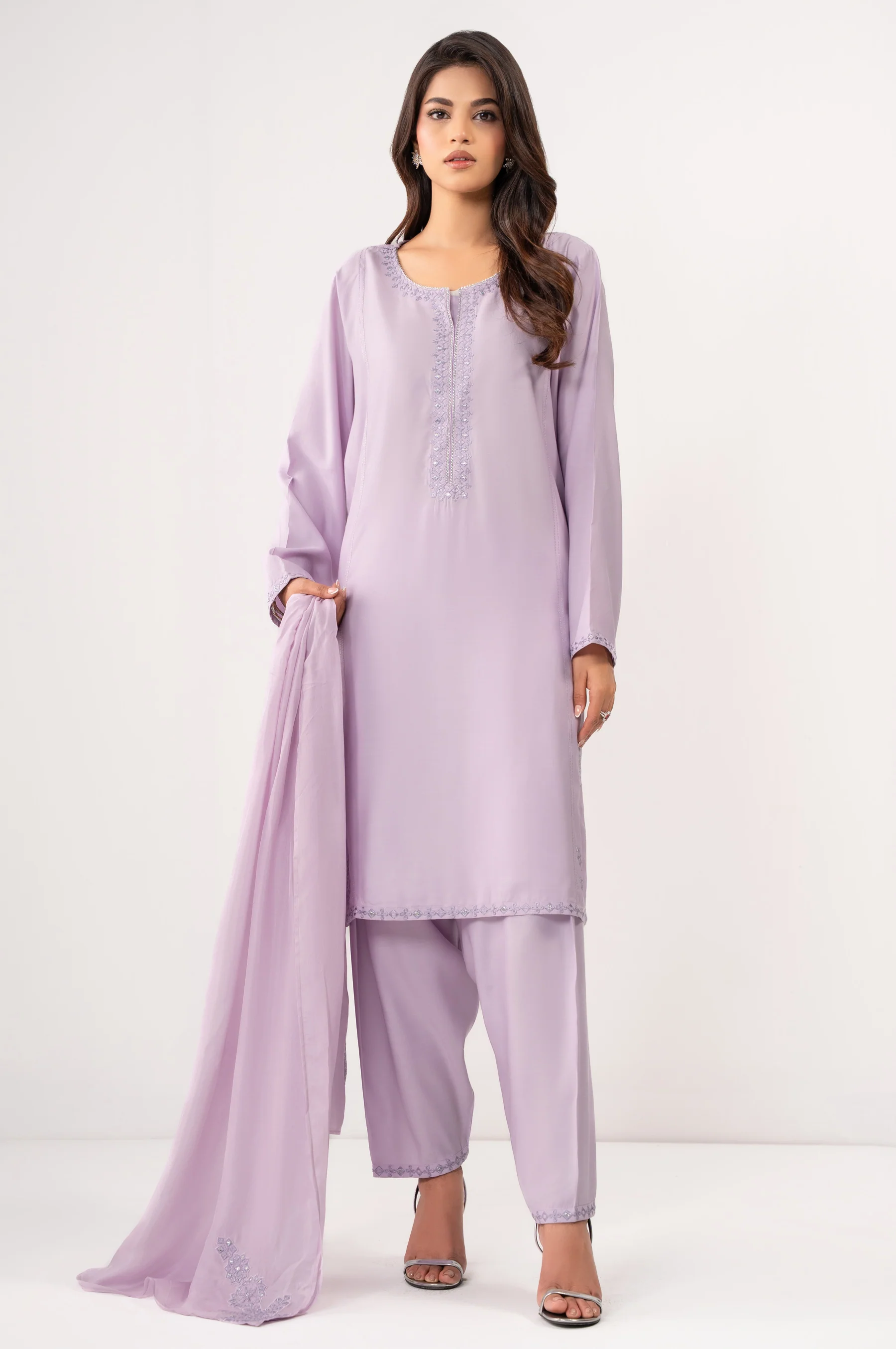 STITCHED EMBROIDERED RAW SILK SUIT