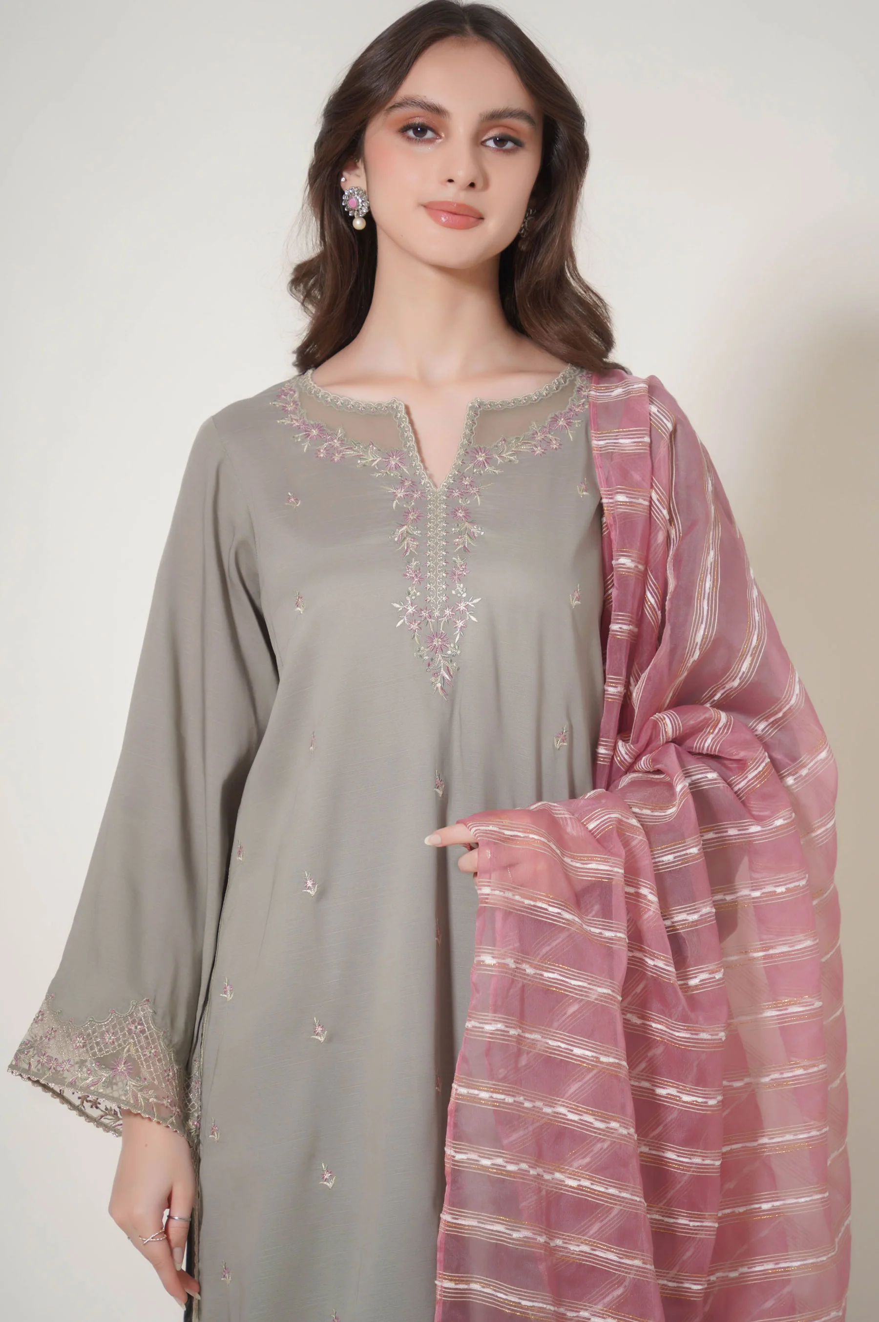 Stitched 3 Piece Embroidered Raw Silk Suit - Image 2