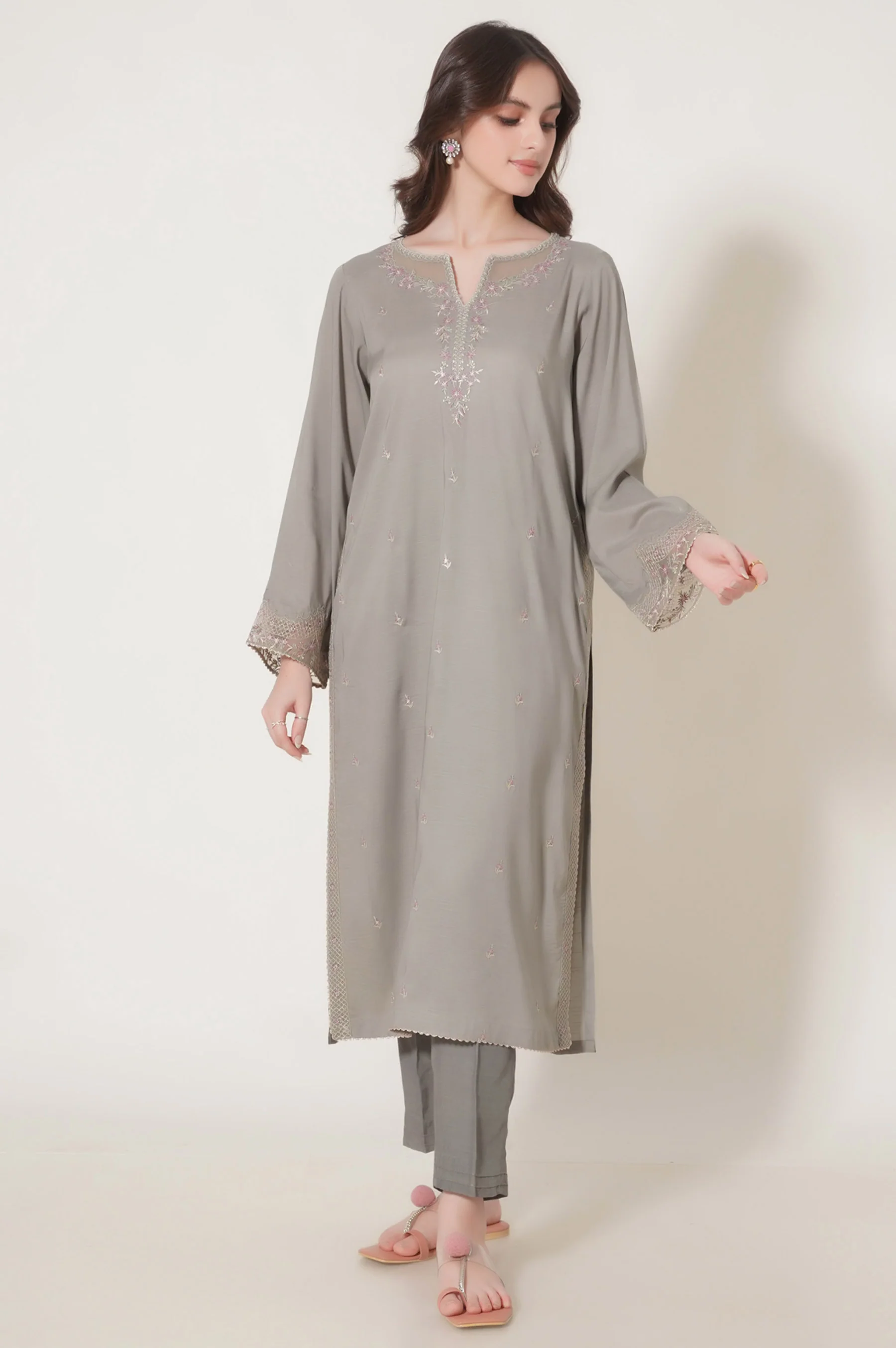 Stitched 3 Piece Embroidered Raw Silk Suit - Image 5