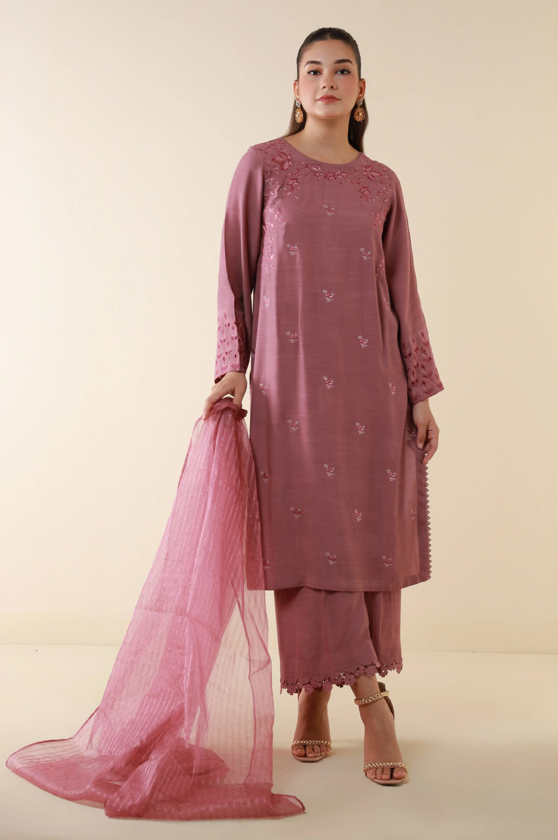 Stitched 3 Piece Embroidered Raw Silk Suit - Image 5