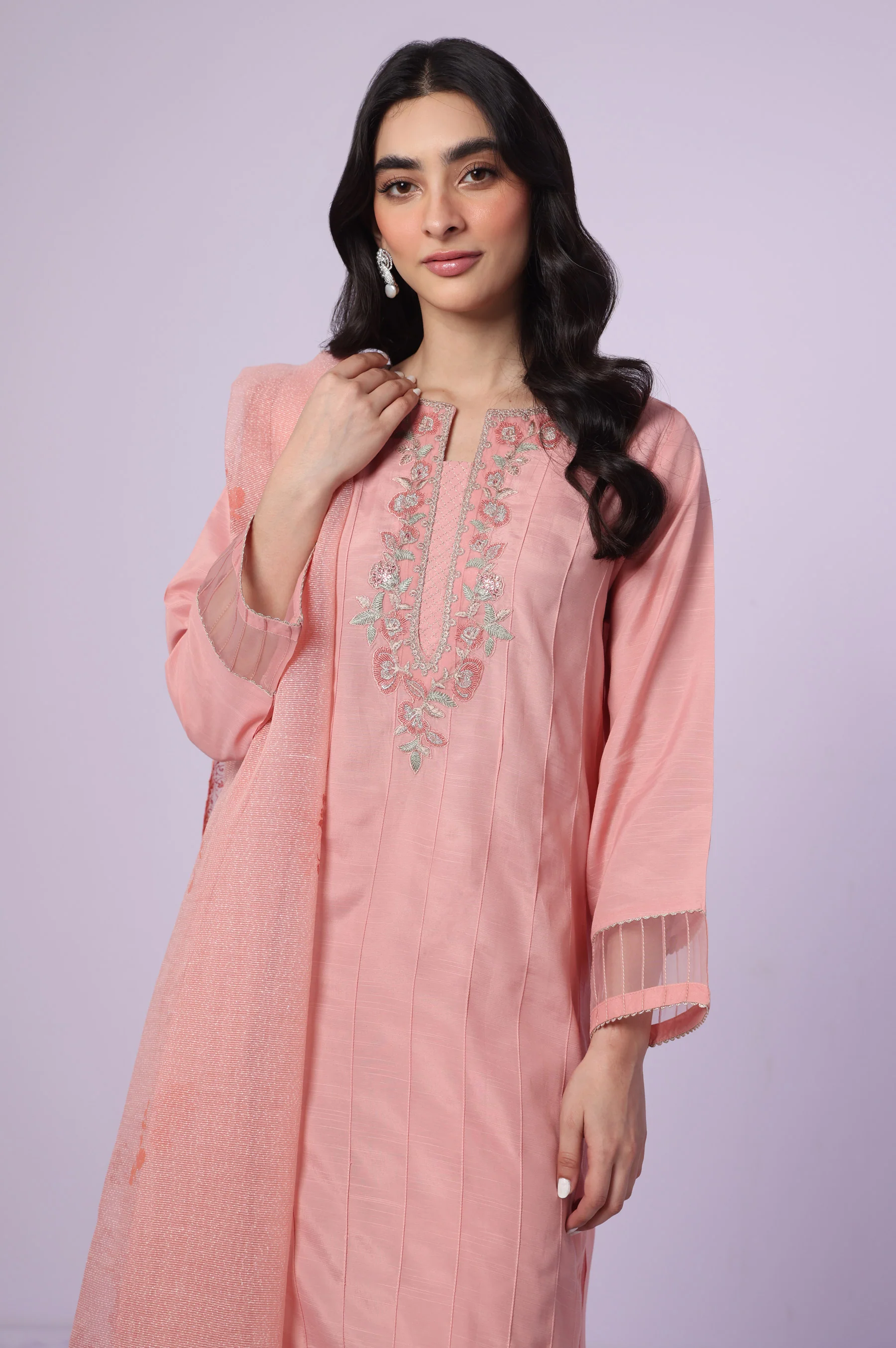 Stitched 3 Piece Embroidered Rawsilk Suit - Image 4