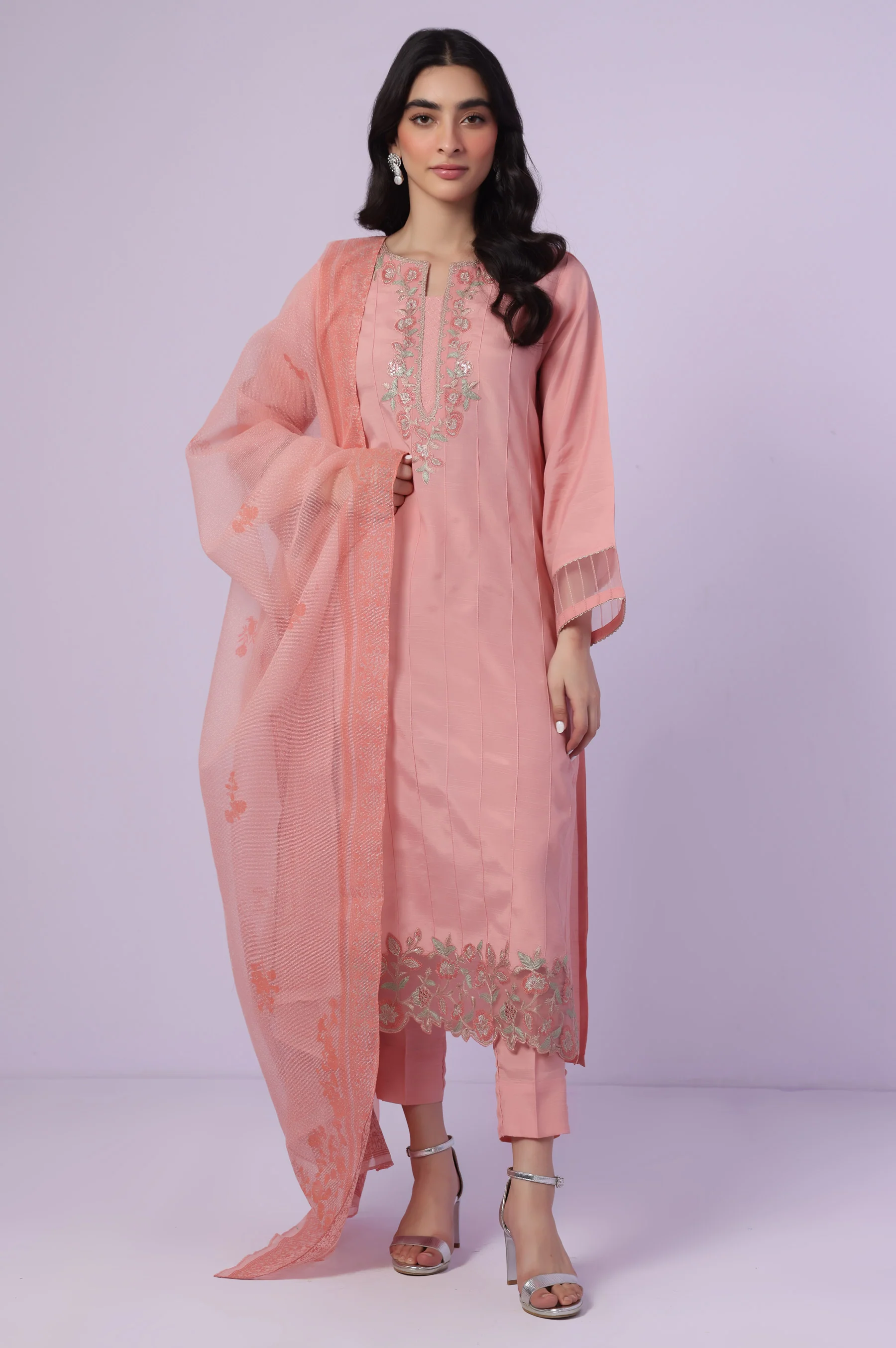 Stitched 3 Piece Embroidered Rawsilk Suit - Image 6