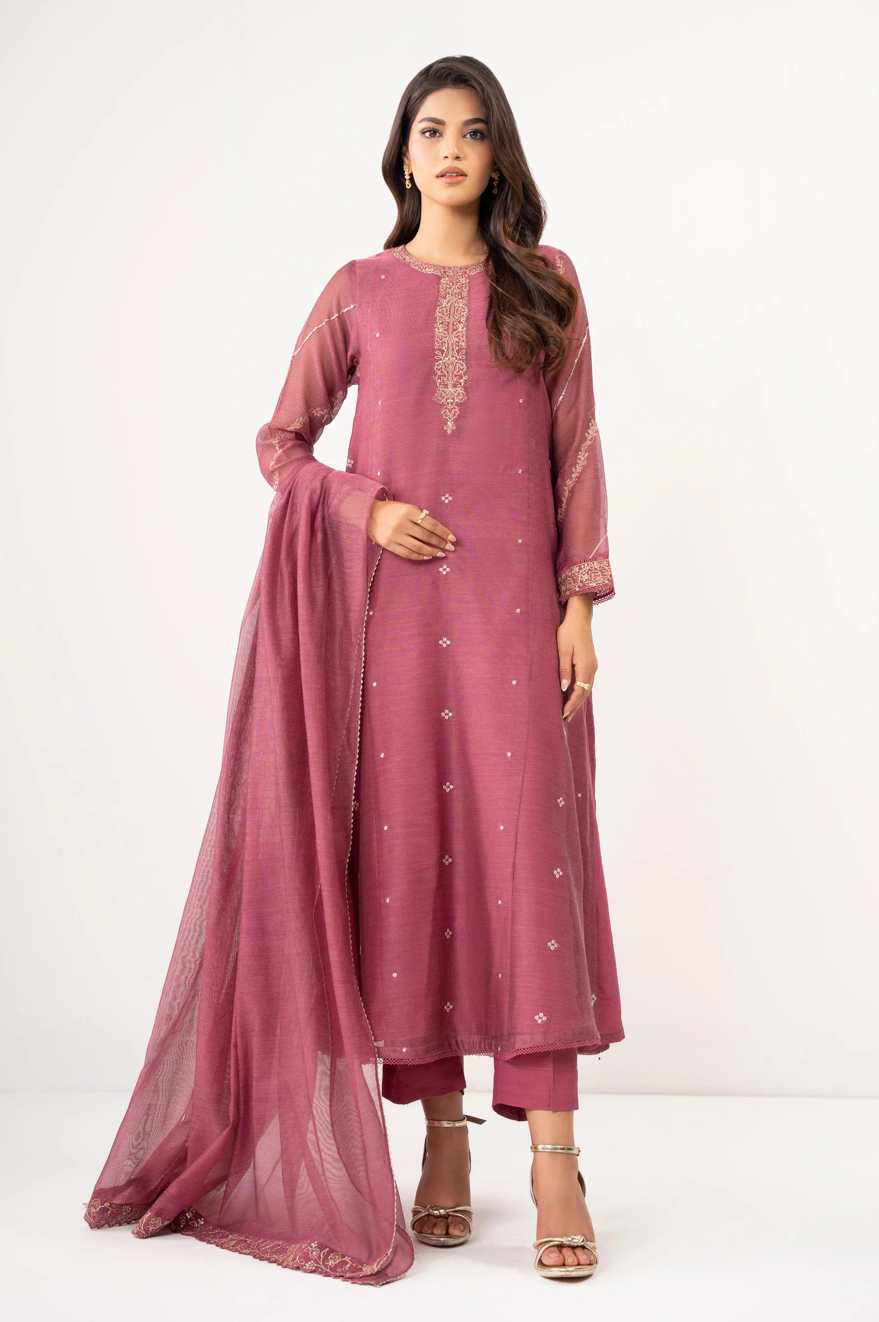 STITCHED EMBROIDERED KHADDI NET SUIT