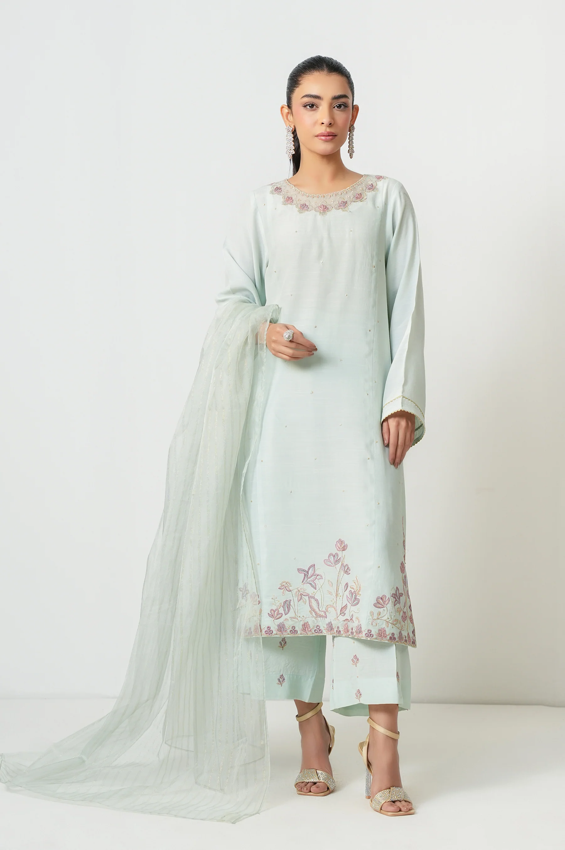 STITCHED EMBROIDERED RAW SILK SUIT