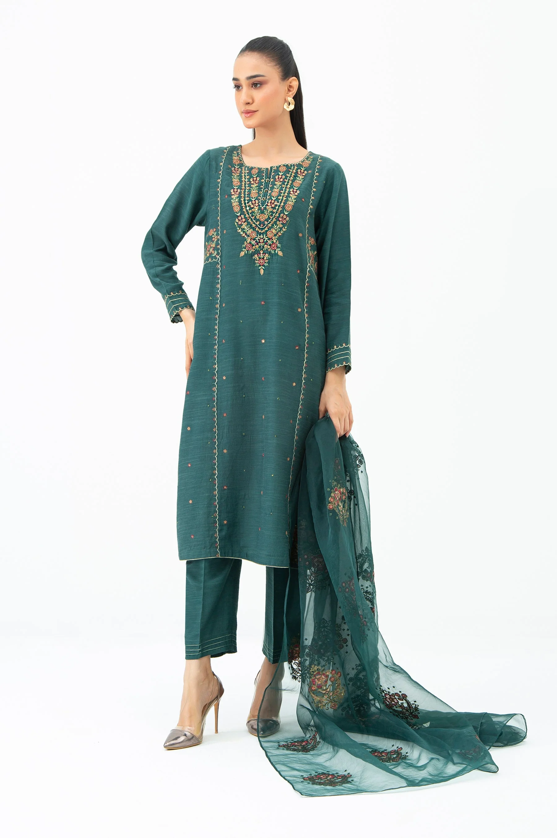 EMBROIDERED RAW SILK STITCHED 3 PIECE SUIT (FACTORY E-OUTLET)