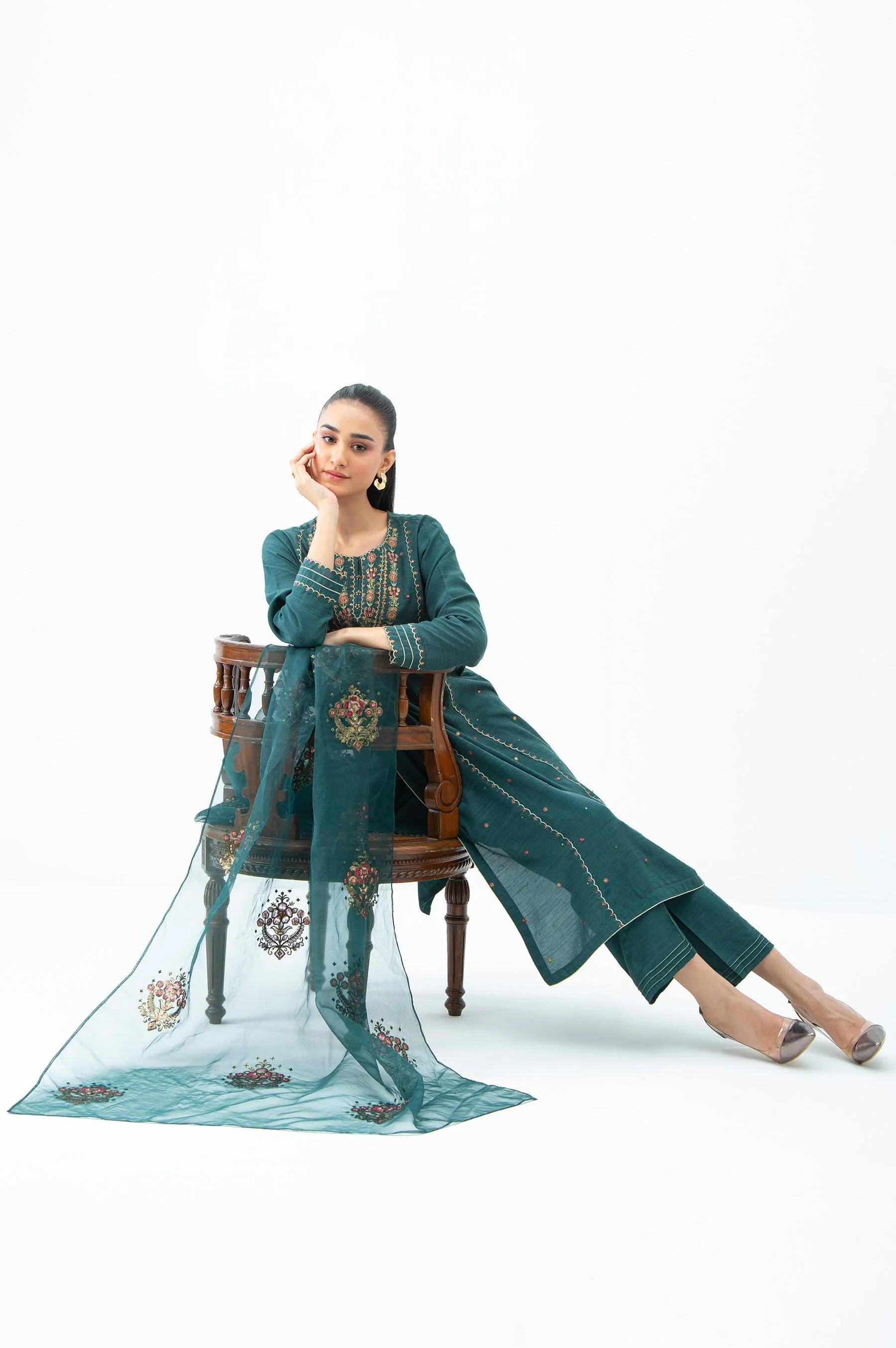 EMBROIDERED RAW SILK STITCHED 3 PIECE SUIT (FACTORY E-OUTLET) - Image 4