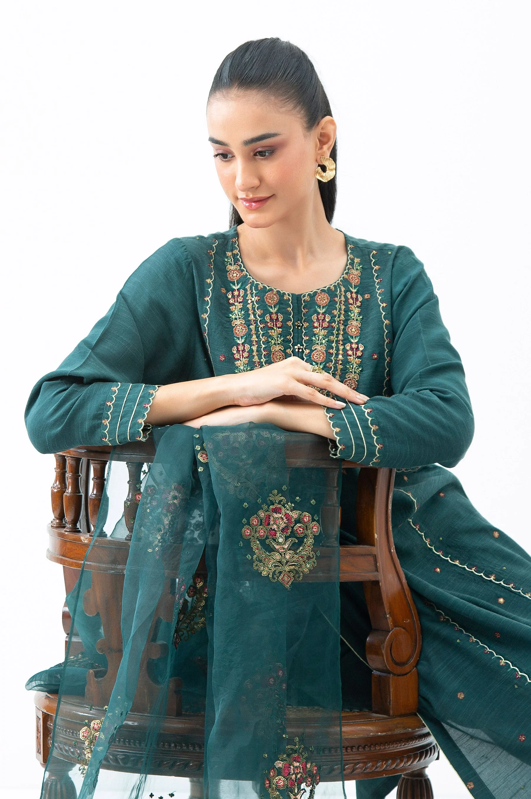 EMBROIDERED RAW SILK STITCHED 3 PIECE SUIT (FACTORY E-OUTLET) - Image 5
