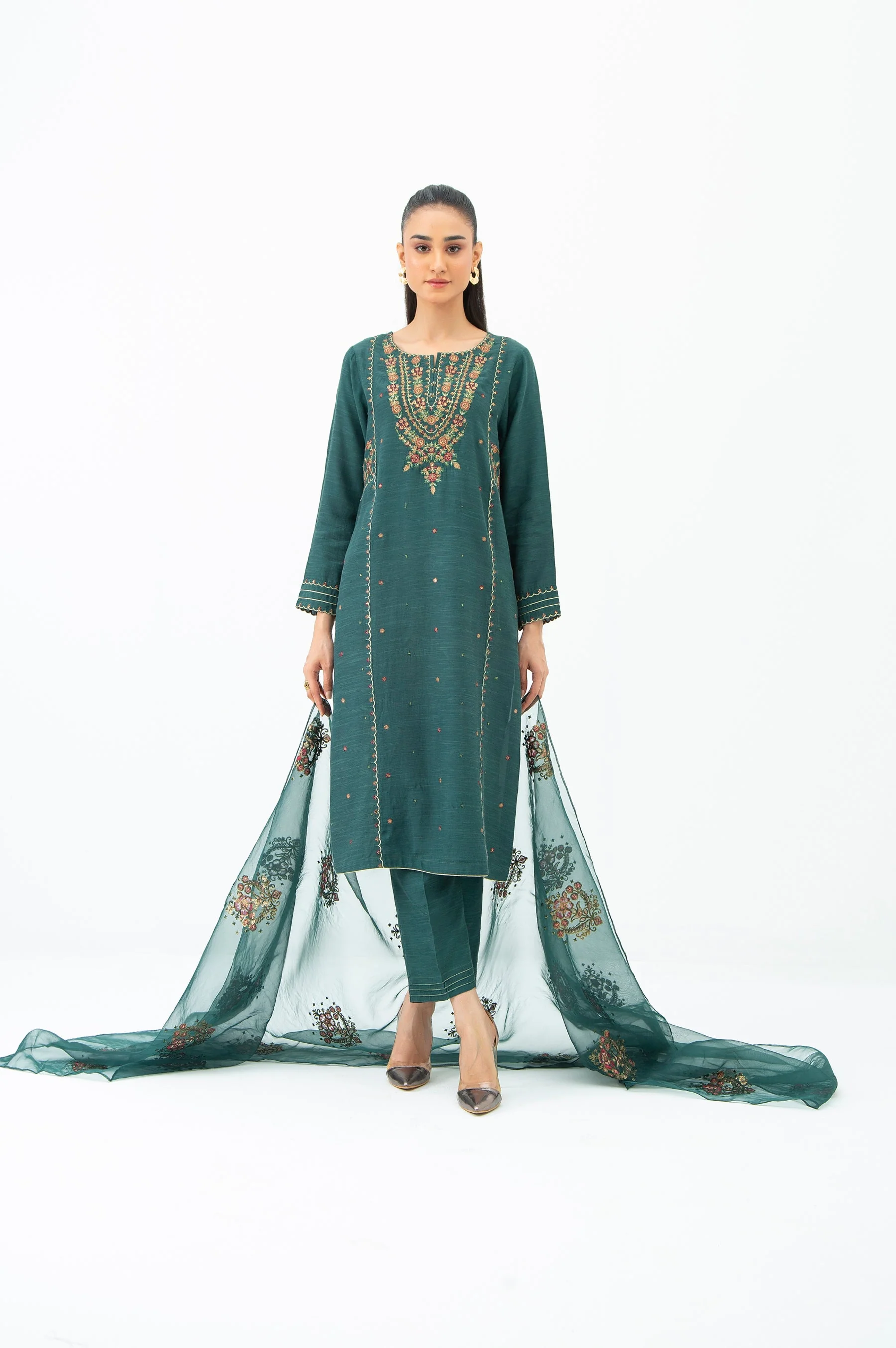 EMBROIDERED RAW SILK STITCHED 3 PIECE SUIT (FACTORY E-OUTLET) - Image 6