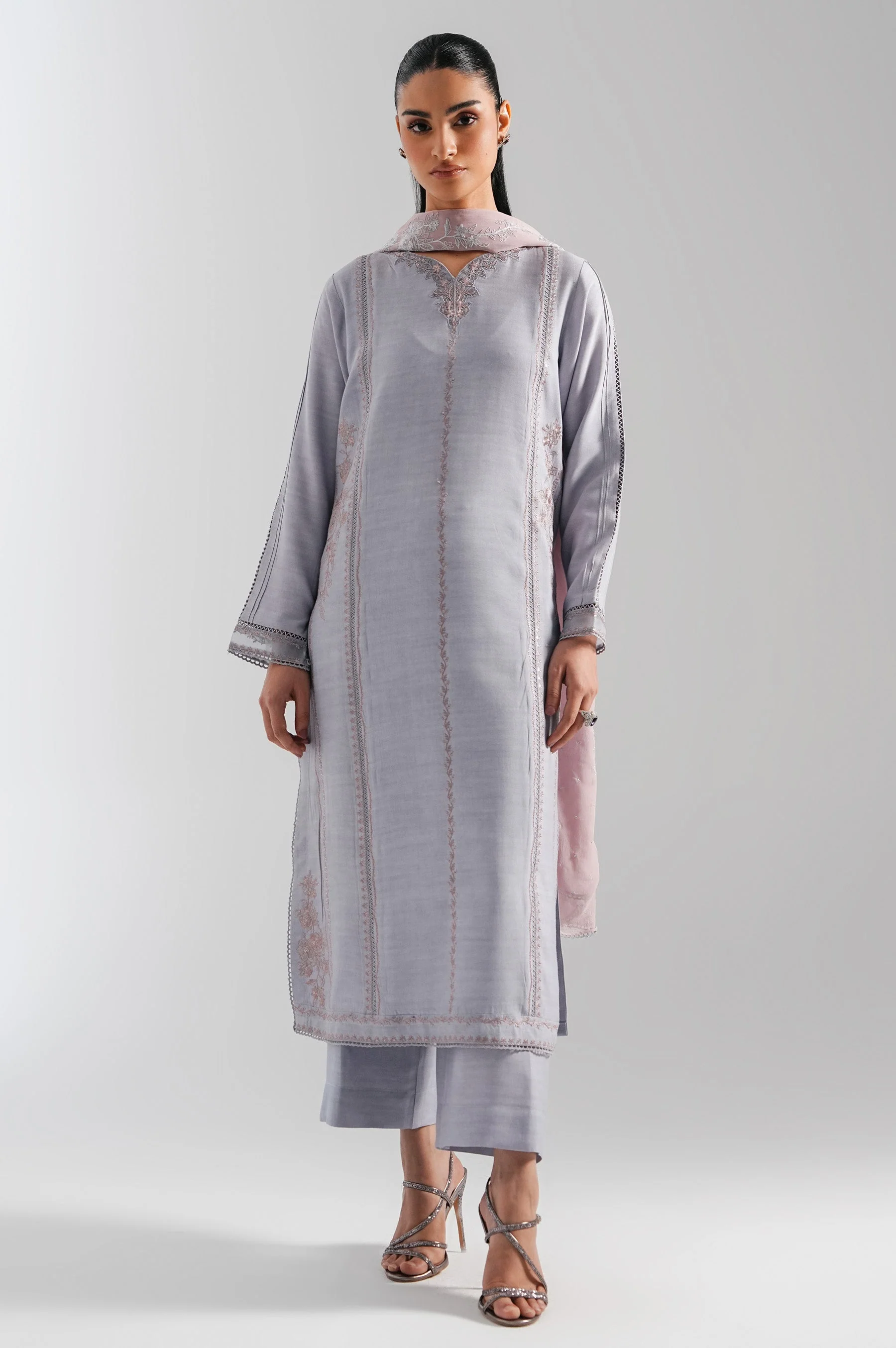 STITCHED EMBROIDERED RAW SILK SUIT (FACTORY E-OUTLET) - Image 2
