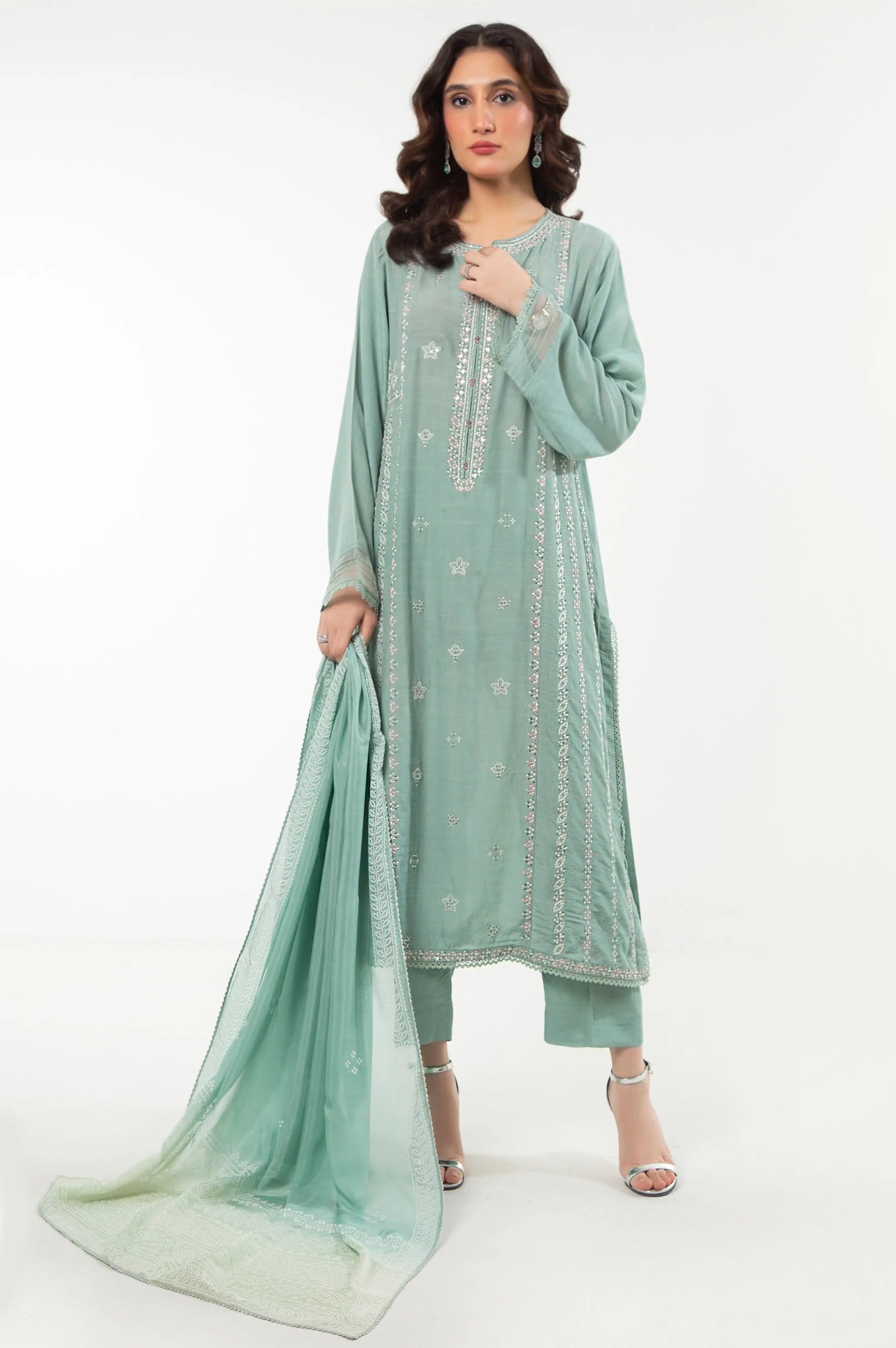STITCHED RAW SILK EMBROIDERED SUIT (FACTORY E-OUTLET)