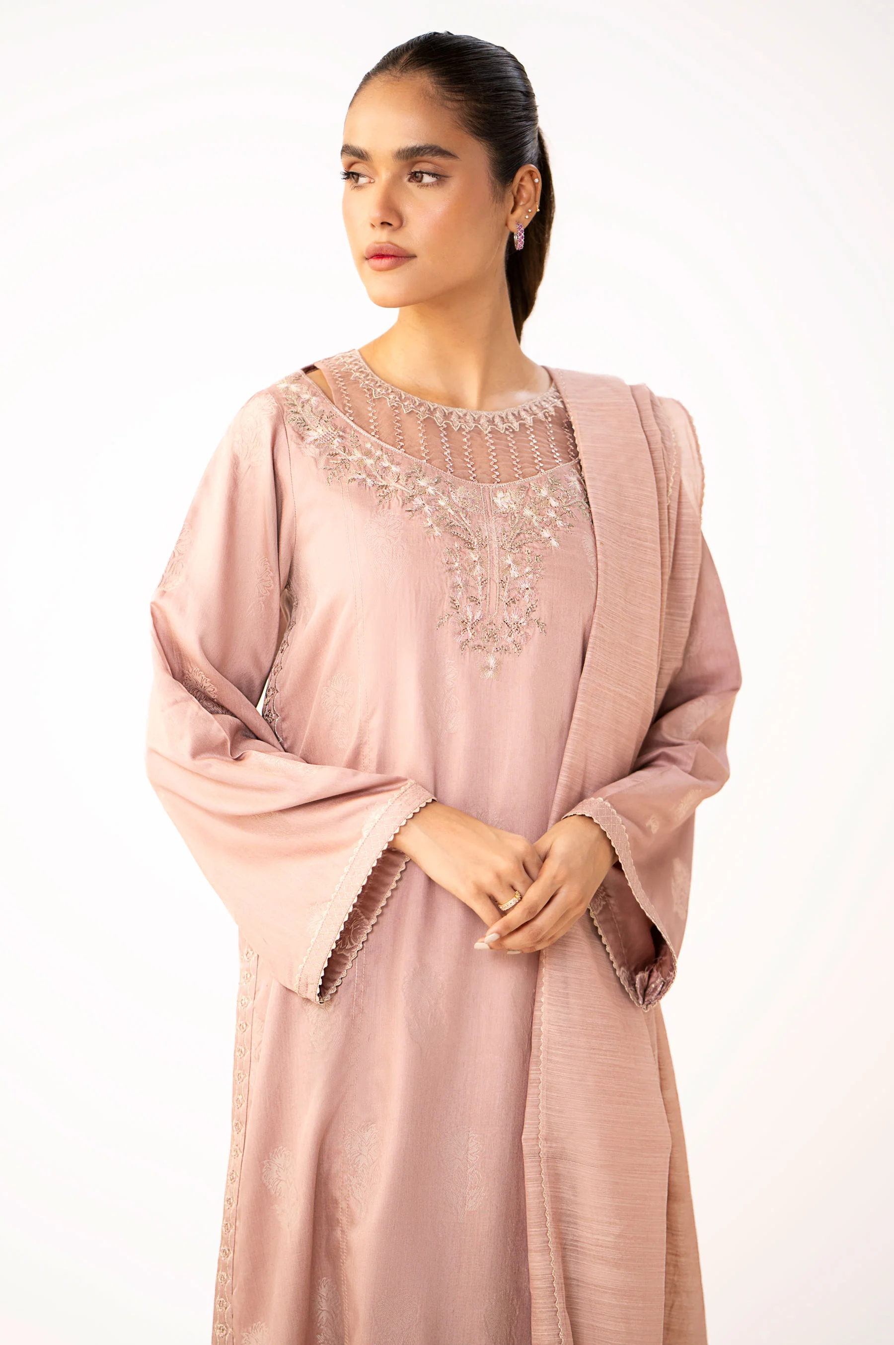 Stitched 3 Piece Embroidered Self Jacquard Suit - Image 3